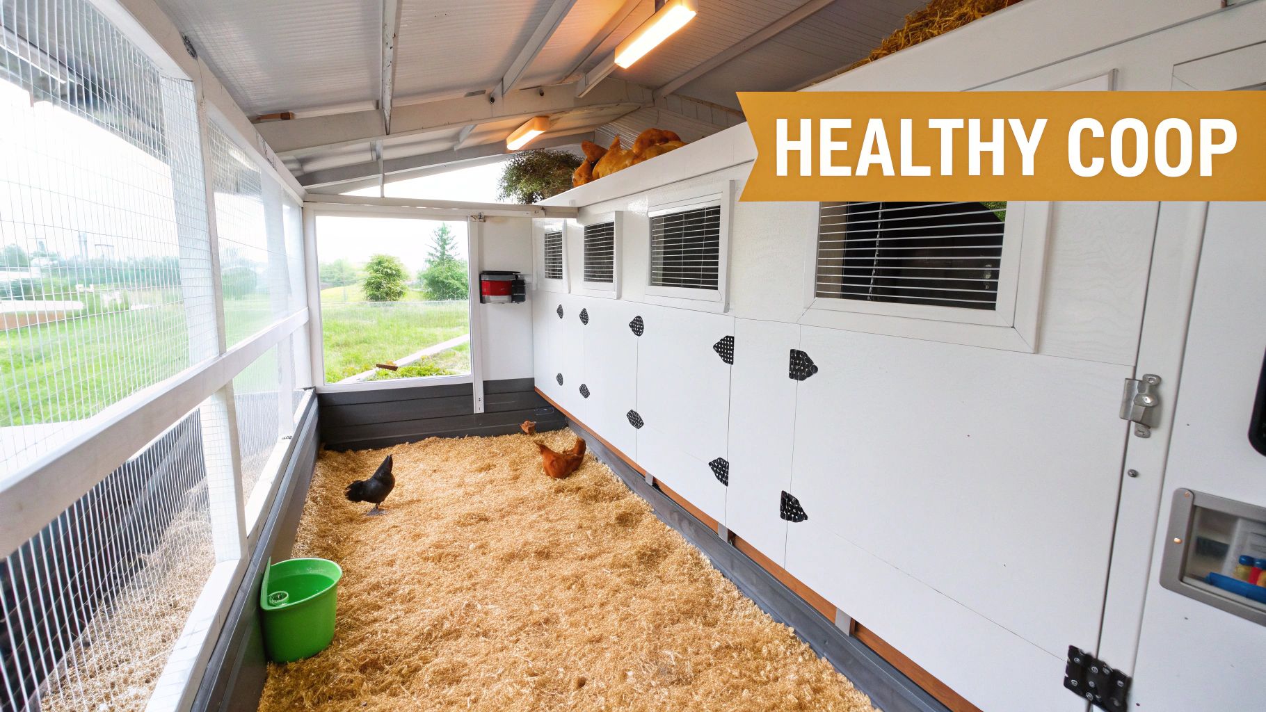 A well-designed chicken coop in a grassy backyard, showing good ventilation and a secure run.