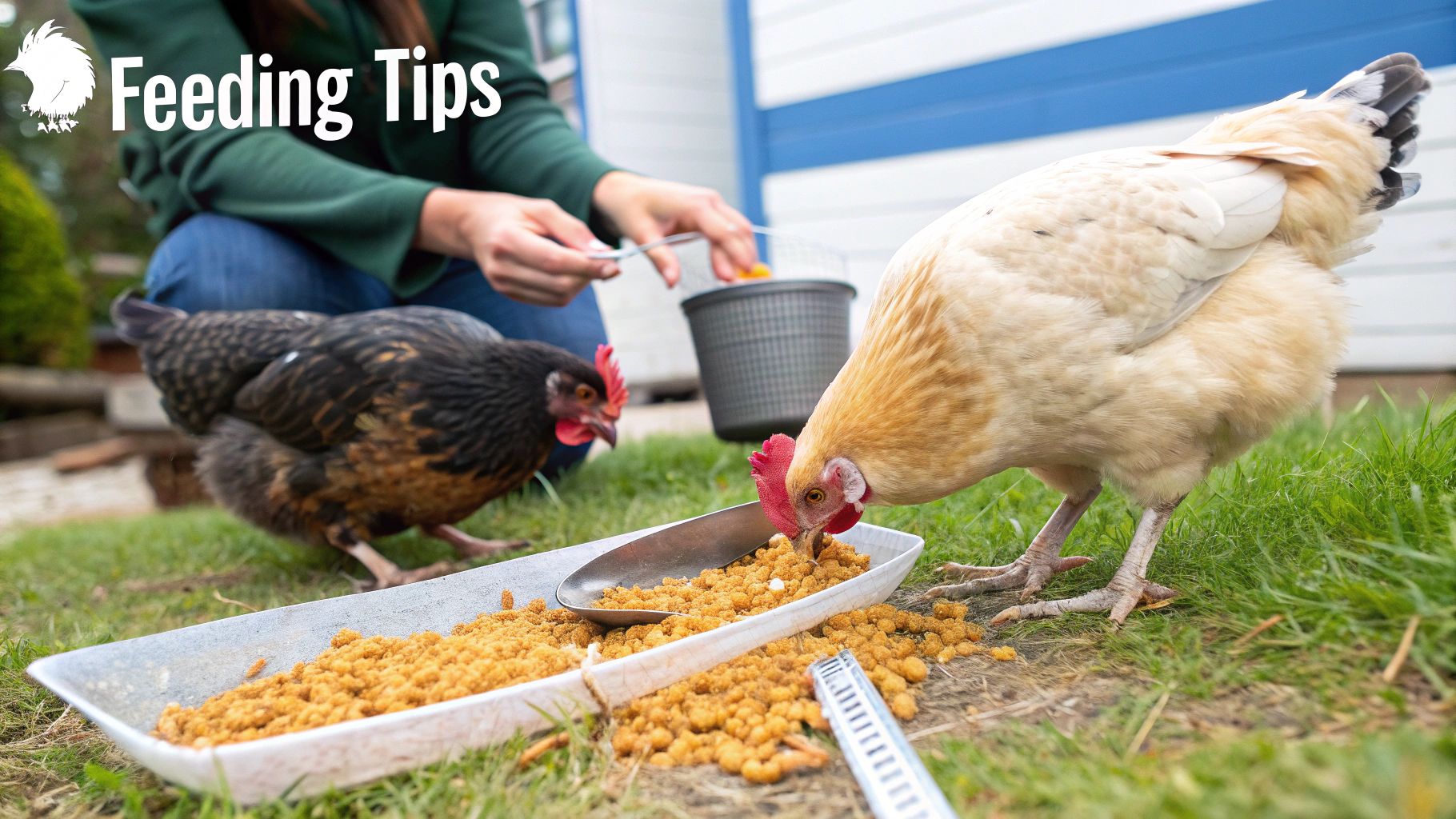 A person feeds two chickens from a long metal trough filled with feed in a grassy backyard.