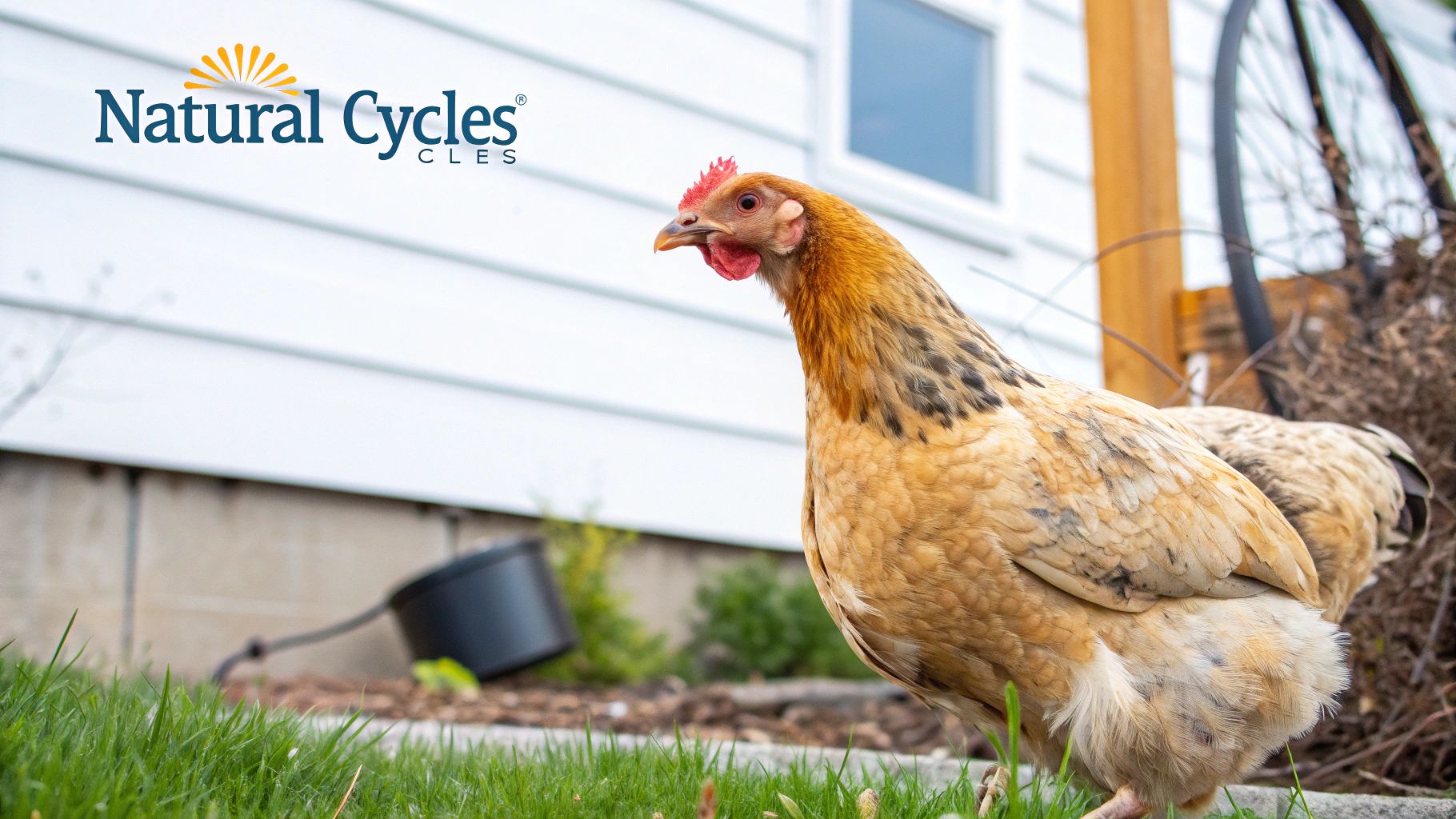 A brown and black chicken with a red comb stands in green grass next to a white house.