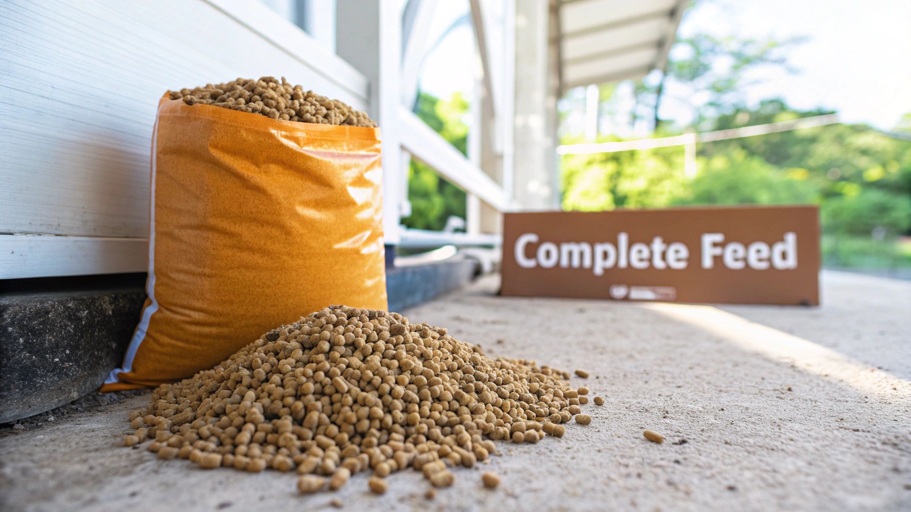 Orange bag of complete animal feed pellets spilled on the ground, with a 'Complete Feed' sign.