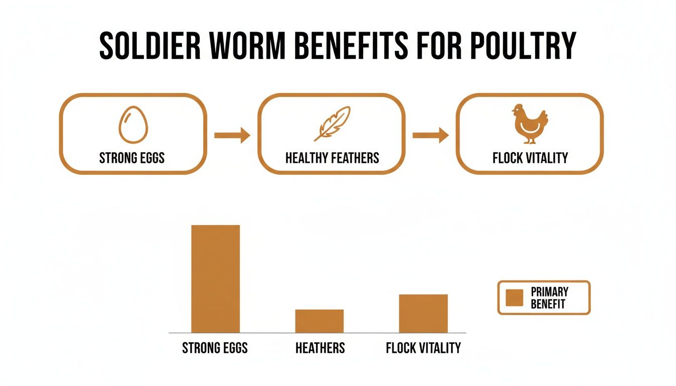 Infographic illustrating soldier worm benefits for poultry, highlighting strong eggs, healthy feathers, and flock vitality.