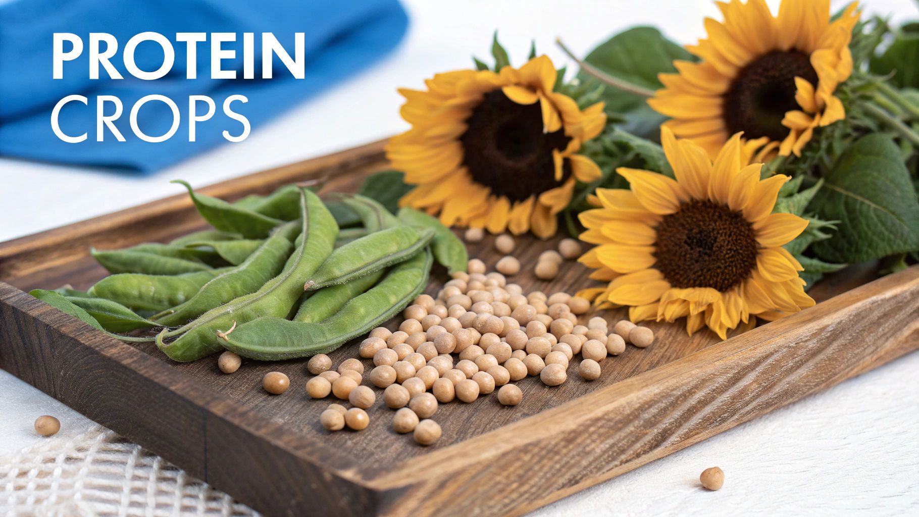 A wooden tray holds green edamame pods, chickpeas, and sunflowers, symbolizing protein crops.