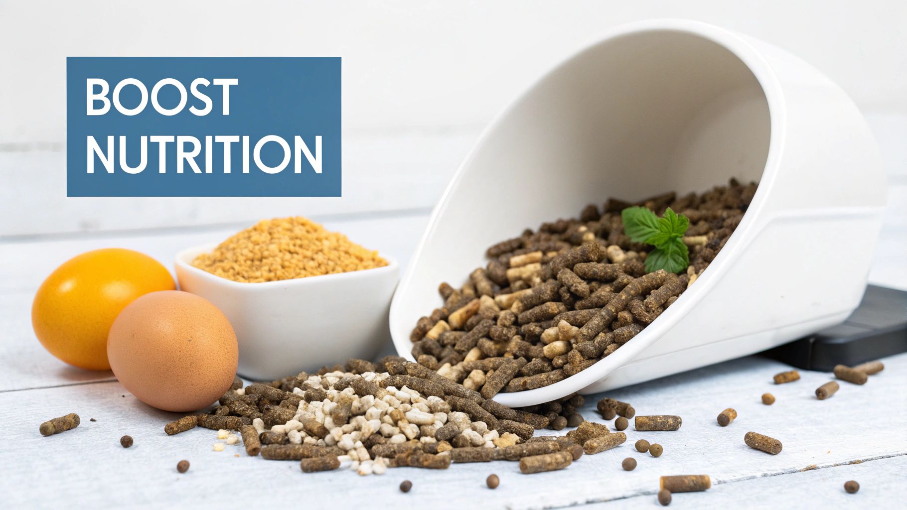 Various animal feeds, brown and orange eggs, a scoop, and a 'BOOST NUTRITION' sign.