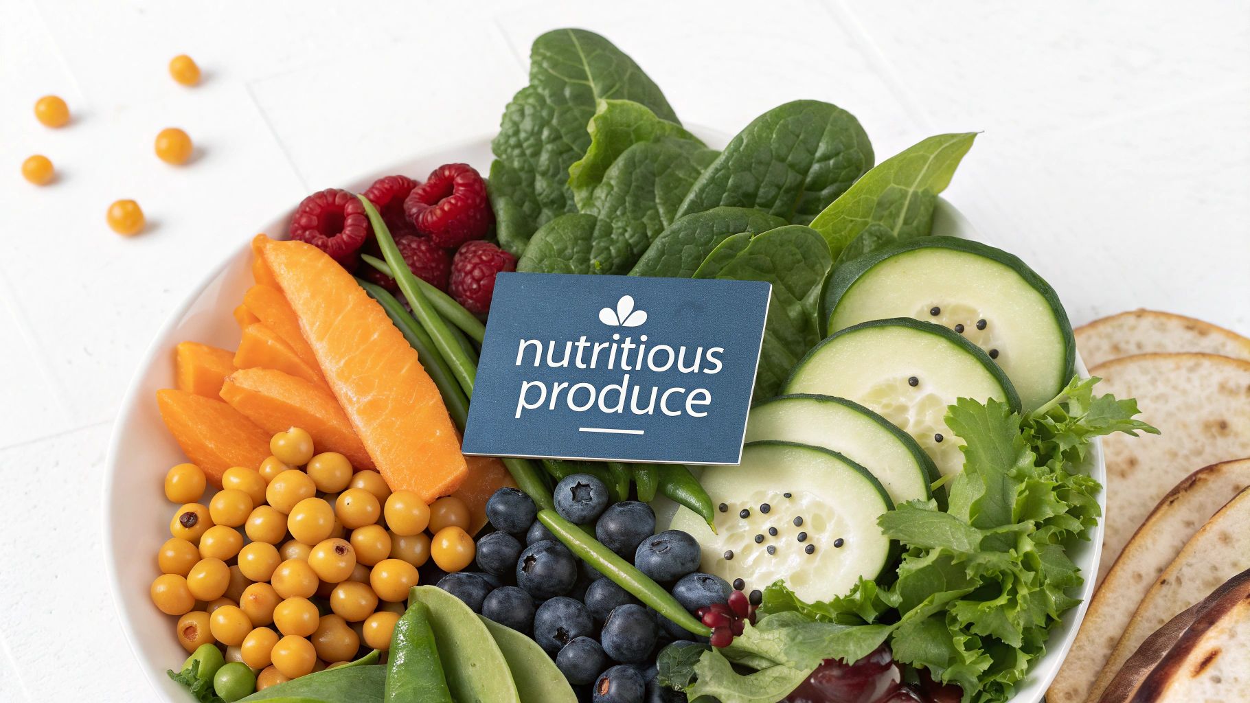 A variety of fresh vegetables and fruits suitable for ducks, like lettuce, peas, and berries, arranged attractively.