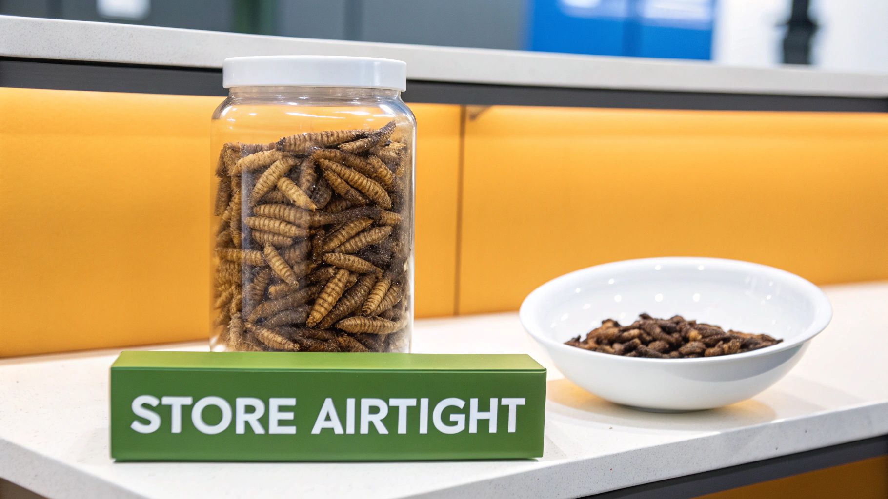 A clear jar and a white bowl filled with dried black soldier fly larvae on a counter with a 'STORE AIRTIGHT' sign.