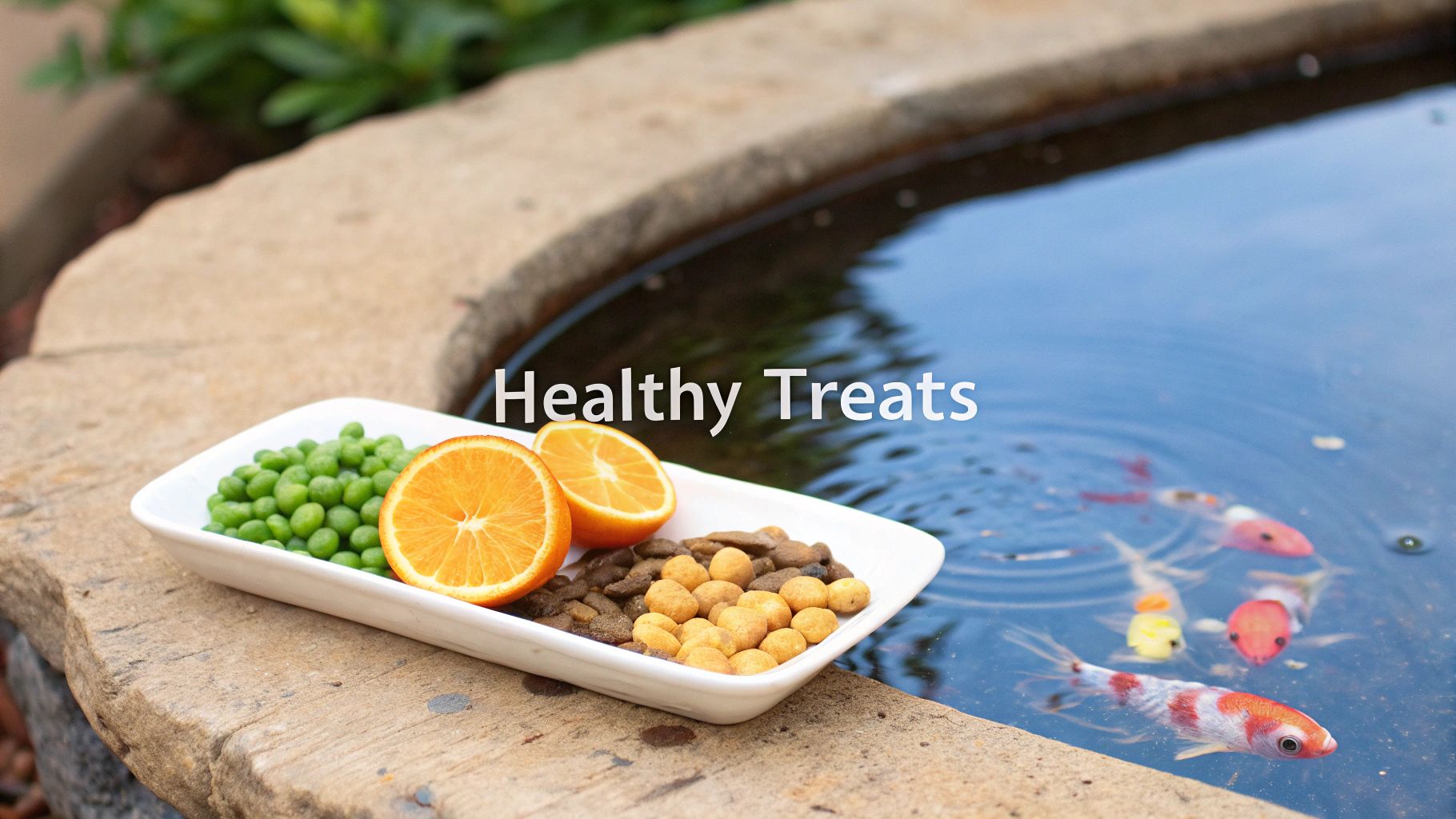 A white dish on a stone pond edge holds peas, orange halves, and fish food, next to swimming koi fish.