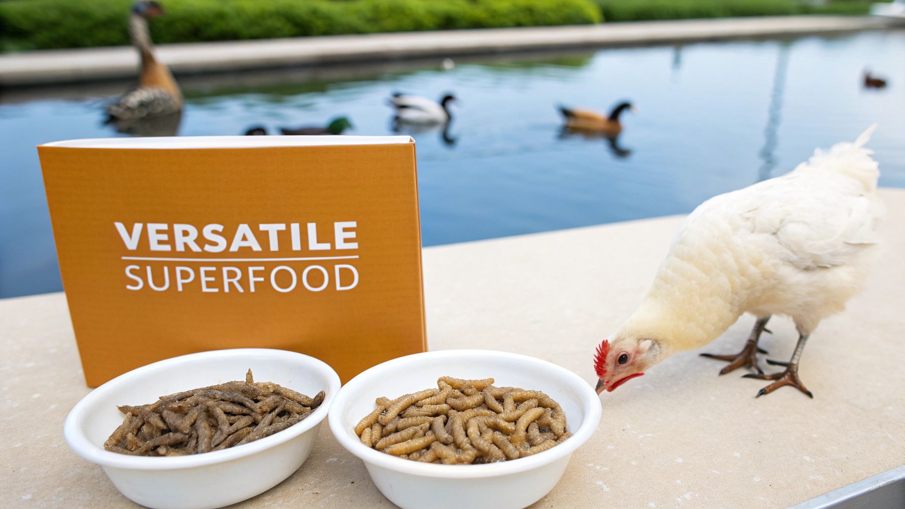 A white chicken pecking at a bowl of black soldier fly larvae, with a 'VERSATILE SUPERFOOD' box.
