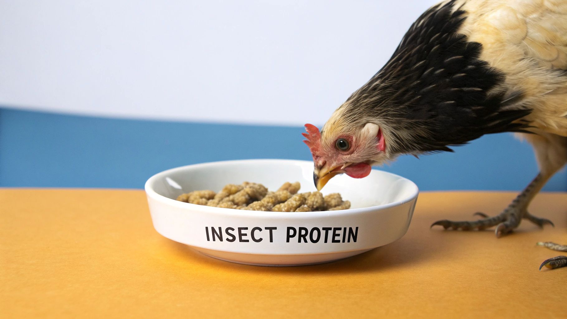 A curious chicken pecks at insect protein pellets from a white bowl, a sustainable food source.