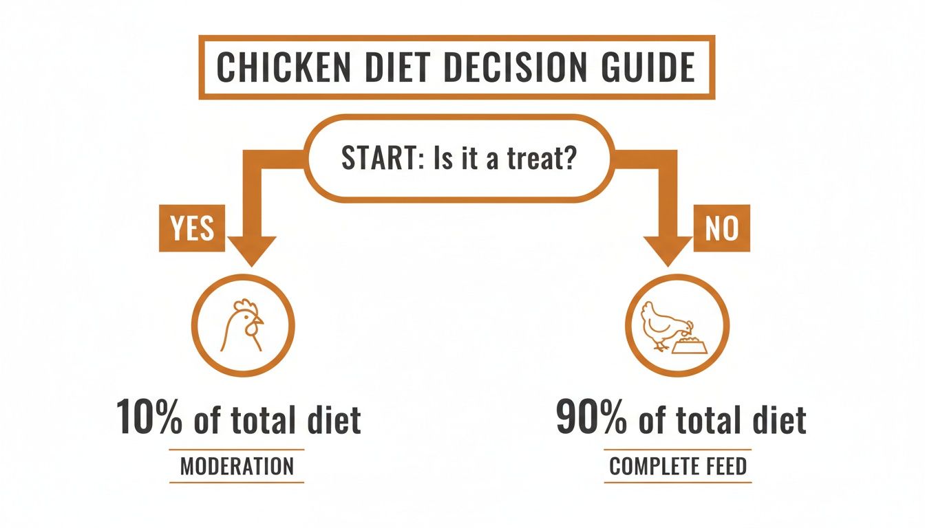 Chicken diet decision guide flowchart showing ideal proportions of treats versus complete feed.