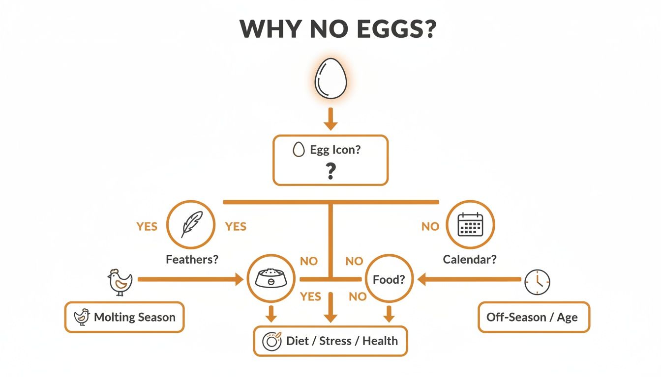 A flowchart explaining why chickens might stop laying eggs, covering molting, diet, and age factors.
