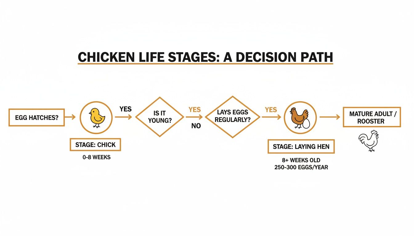 Flowchart illustrating chicken life stages from egg hatching to mature adult or laying hen.
