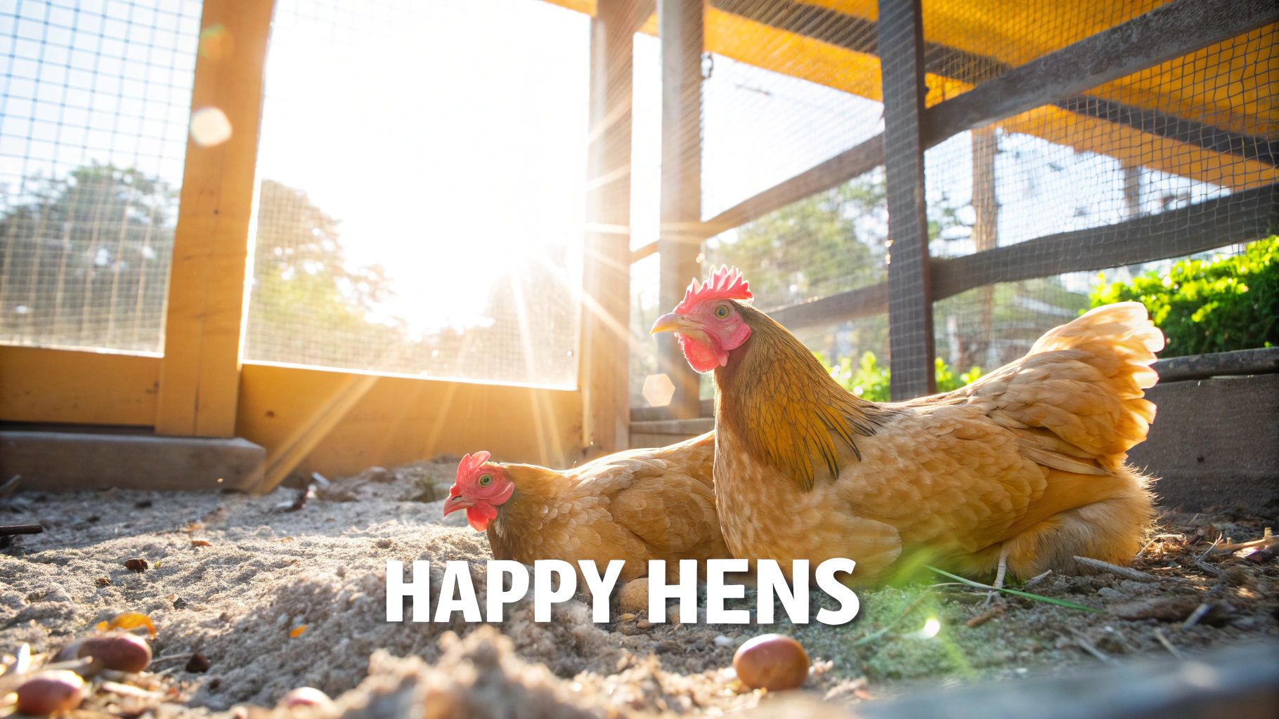 Happy hens foraging in a grassy, sunlit area next to their coop.