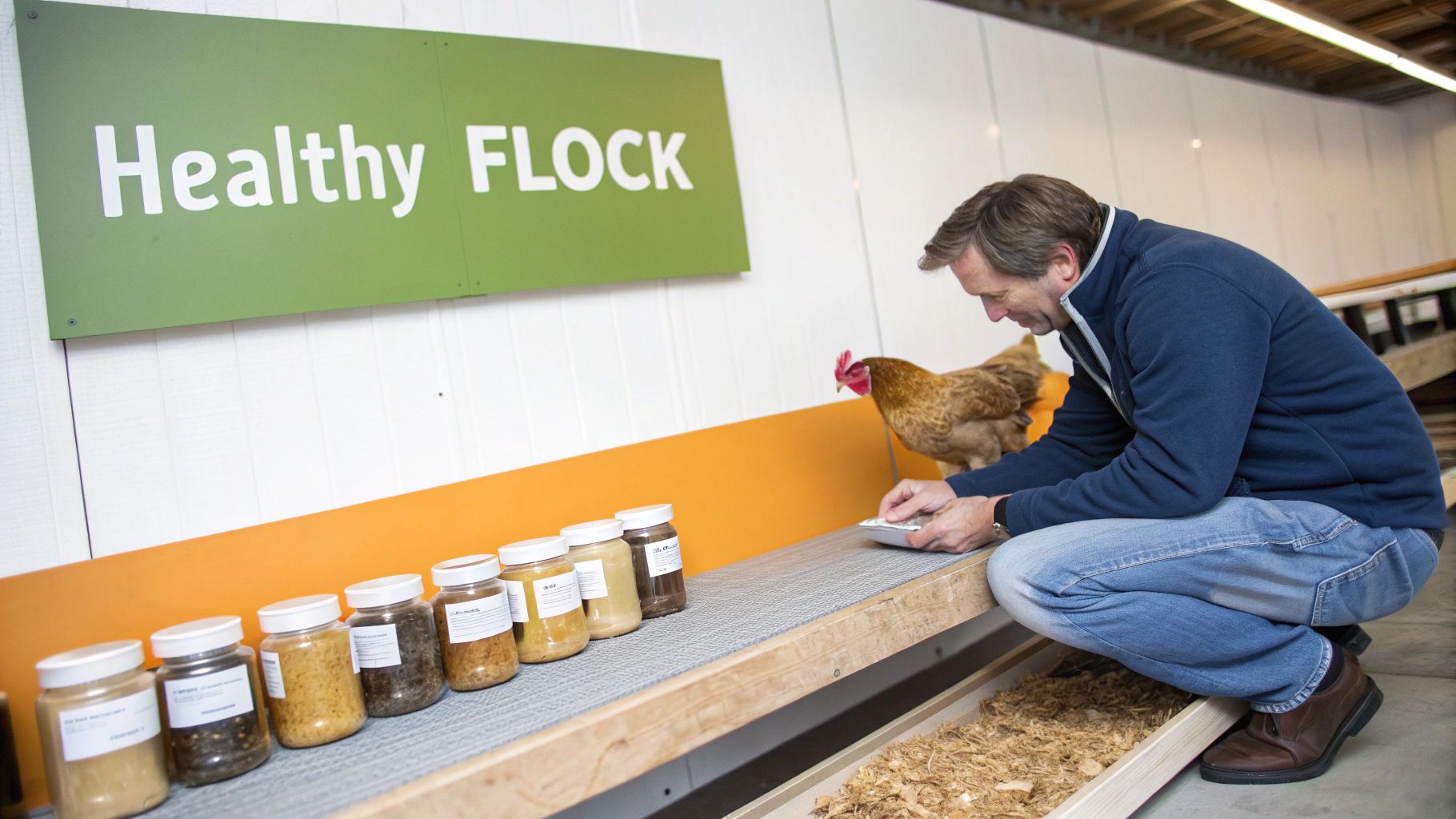 A man observes a chicken near jars of feed samples under a 'Healthy FLOCK' sign.