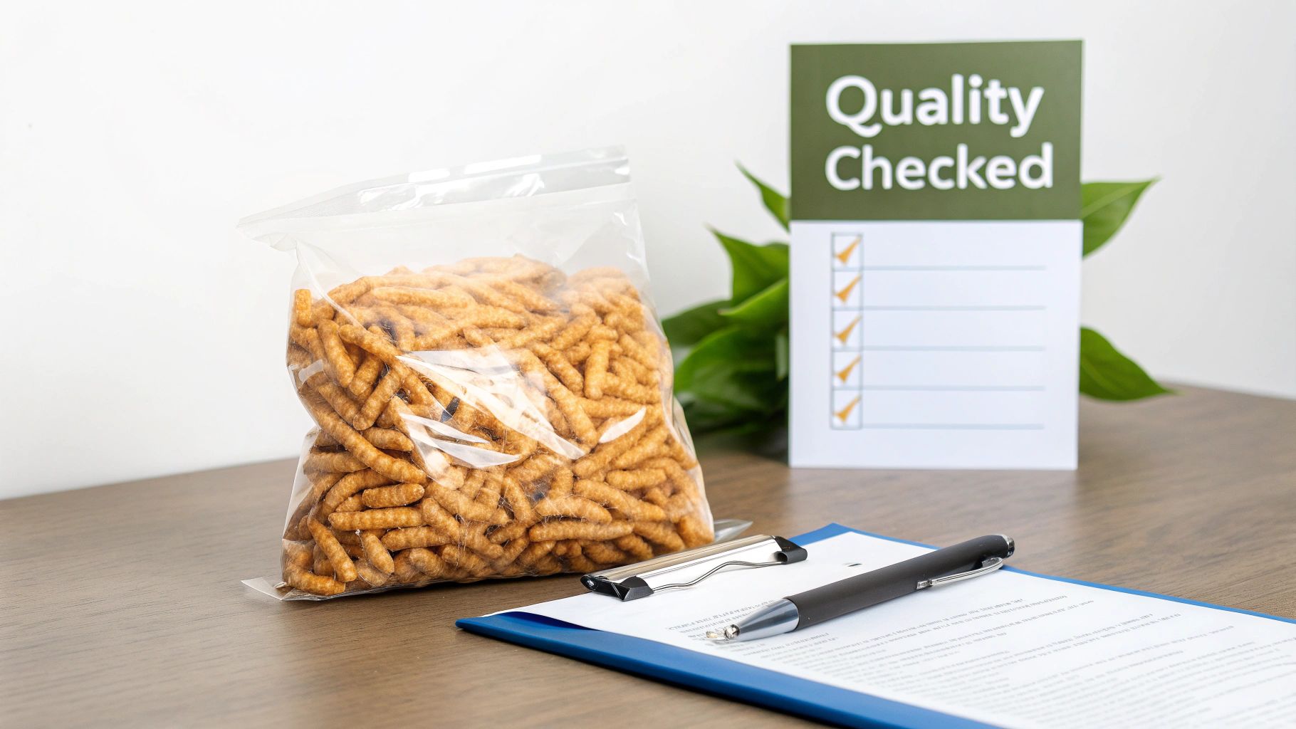 A clear bag of dried grubs for chickens on a table with a 'Quality Checked' sign.