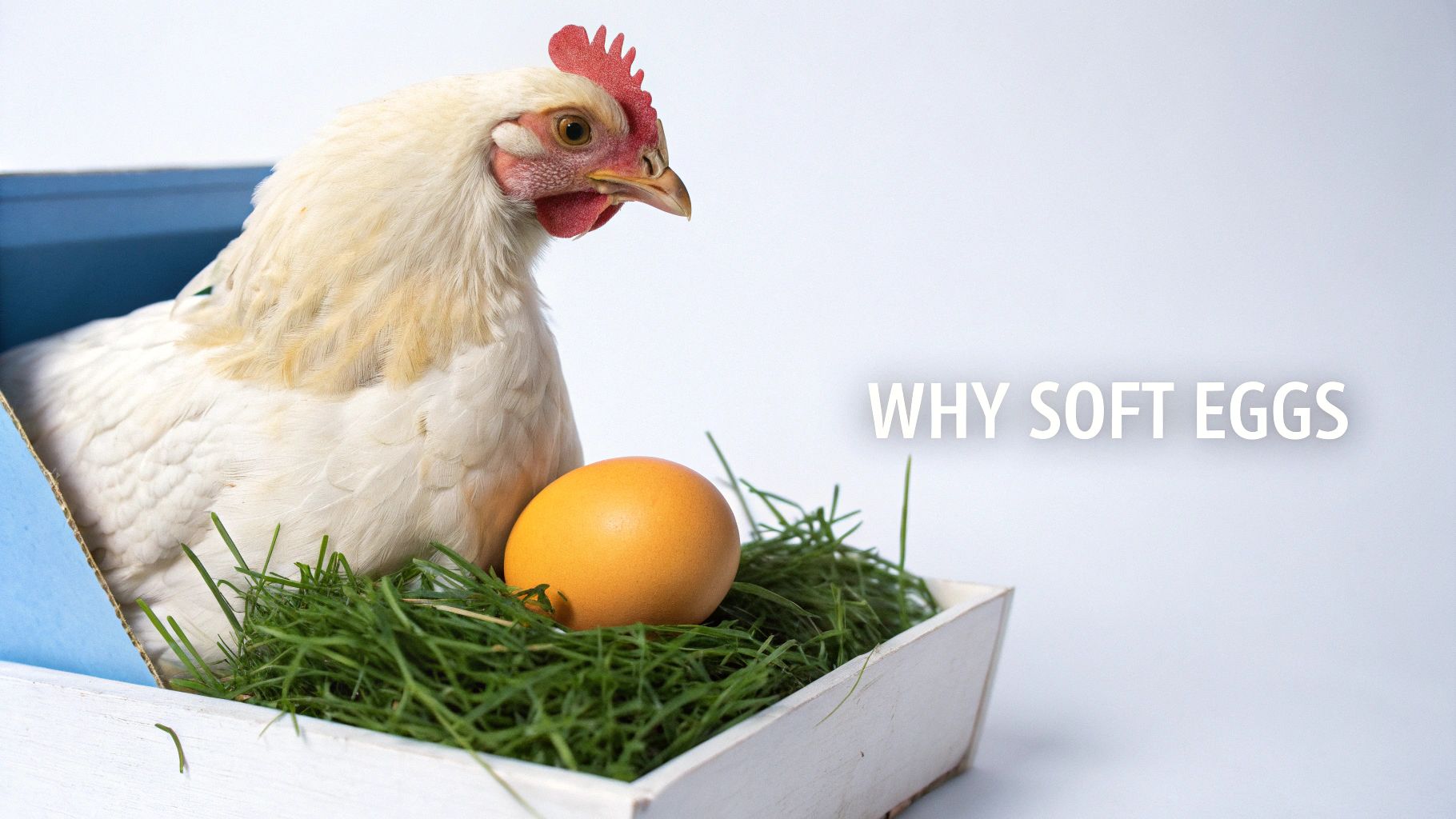 A chicken standing in a coop, with a soft-shelled egg visible in the foreground.