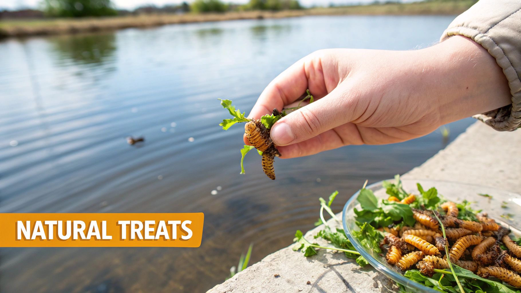 A person's hand holds a large grub over a pond, with a plate of grubs and greens nearby.