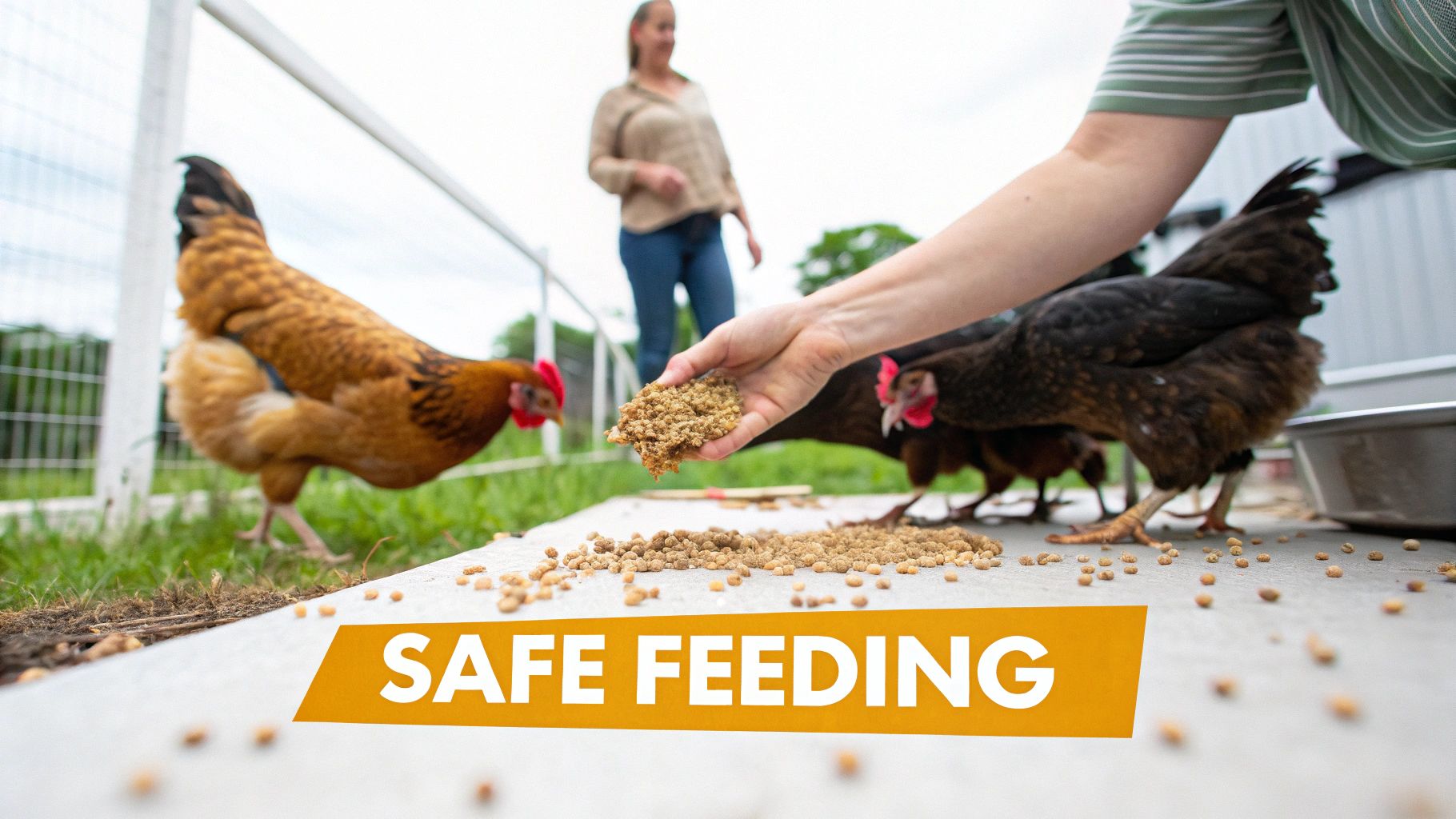 A person hand-feeding a group of brown and black chickens on concrete with scattered feed, with another person in the background.