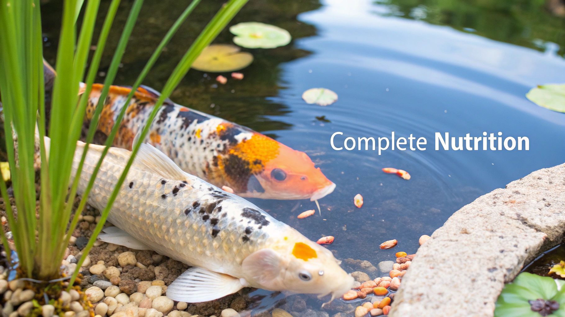 Two vibrant koi fish feeding in a clear pond with plants and scattered food pellets, emphasizing complete nutrition.