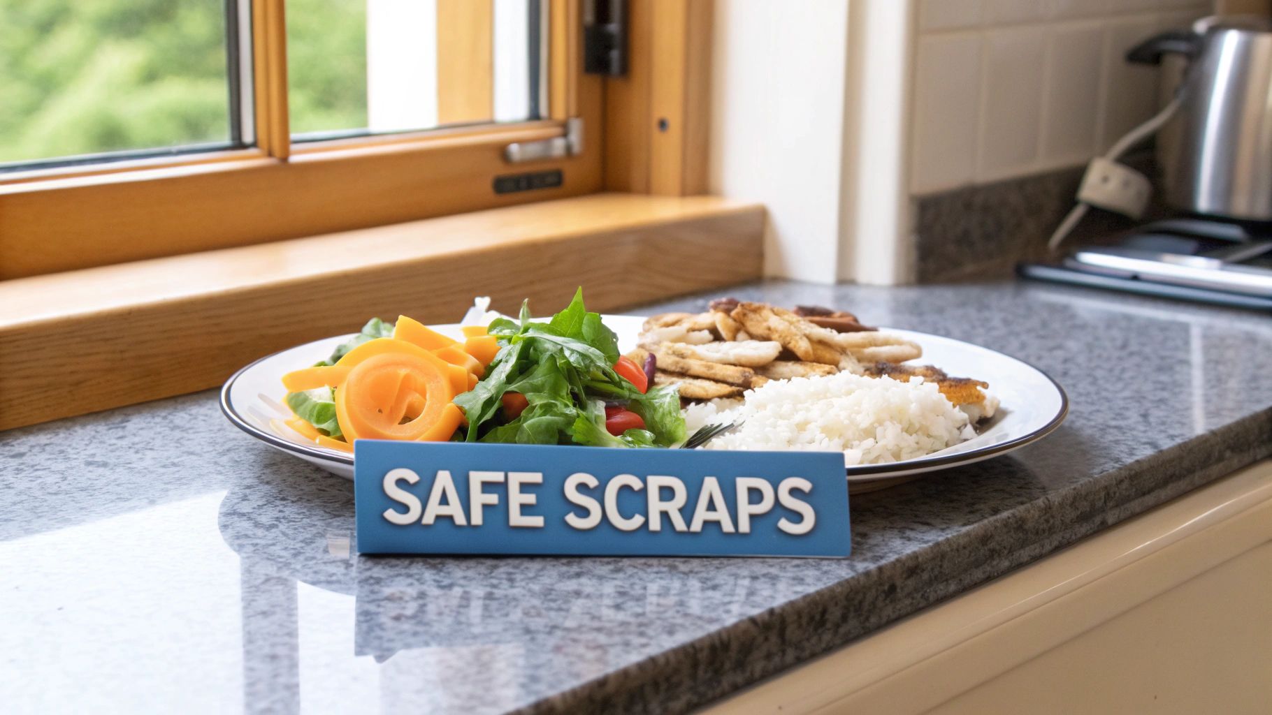 A plate with grilled chicken strips, white rice, and a green salad with bell peppers on a kitchen counter, featuring a 'SAFE SCRAPS' sign.