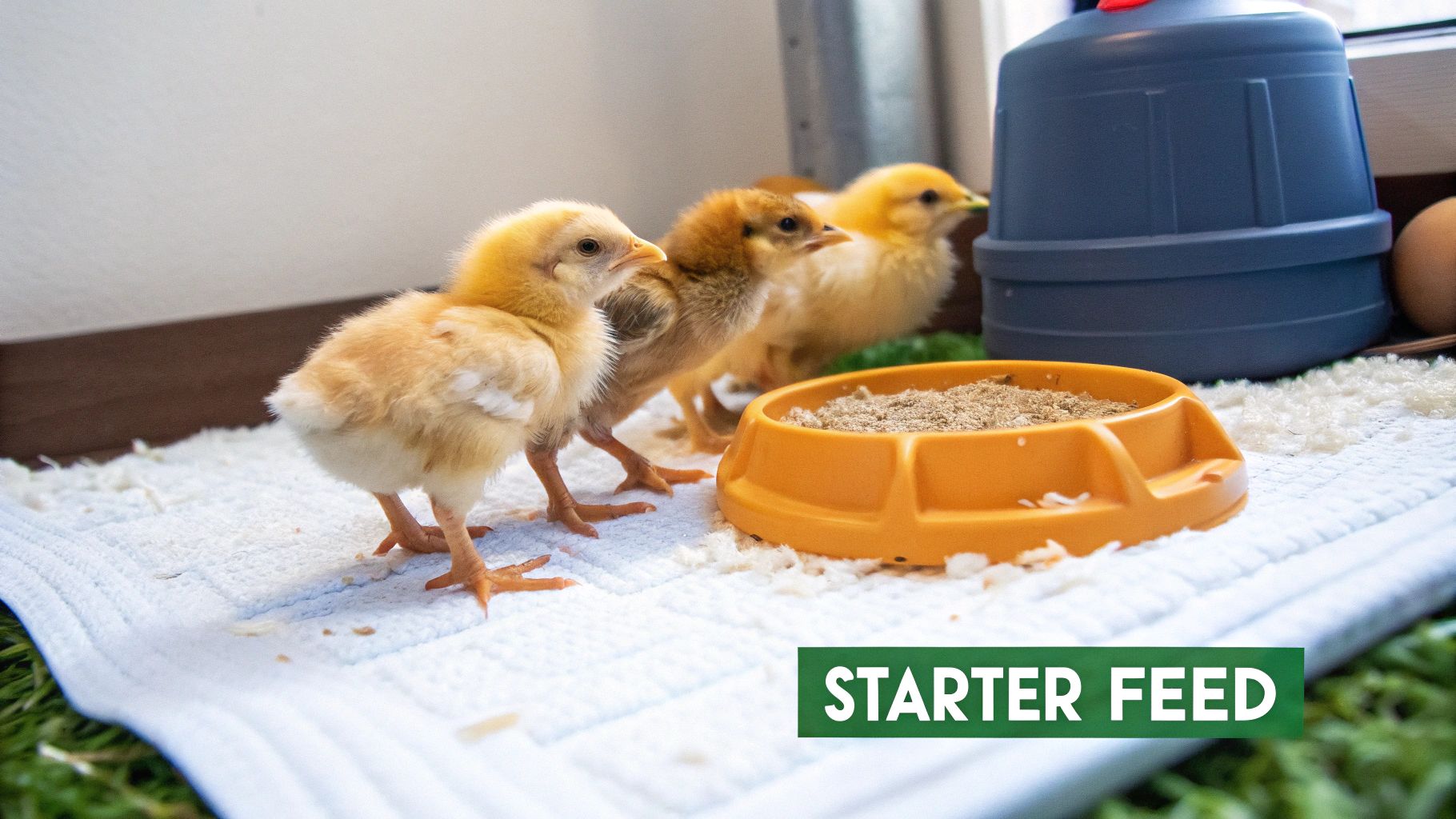 Three fluffy baby chicks stand around an orange feeder filled with starter feed, a blue waterer nearby.