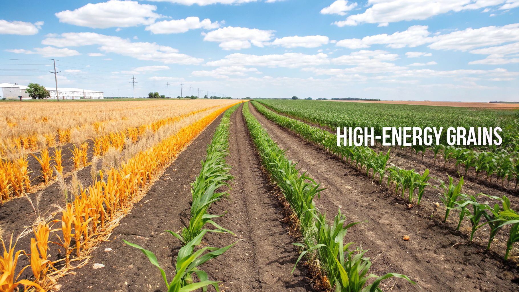 A vast agricultural field featuring golden grain crops, young green corn rows, and distant green fields under a blue sky.