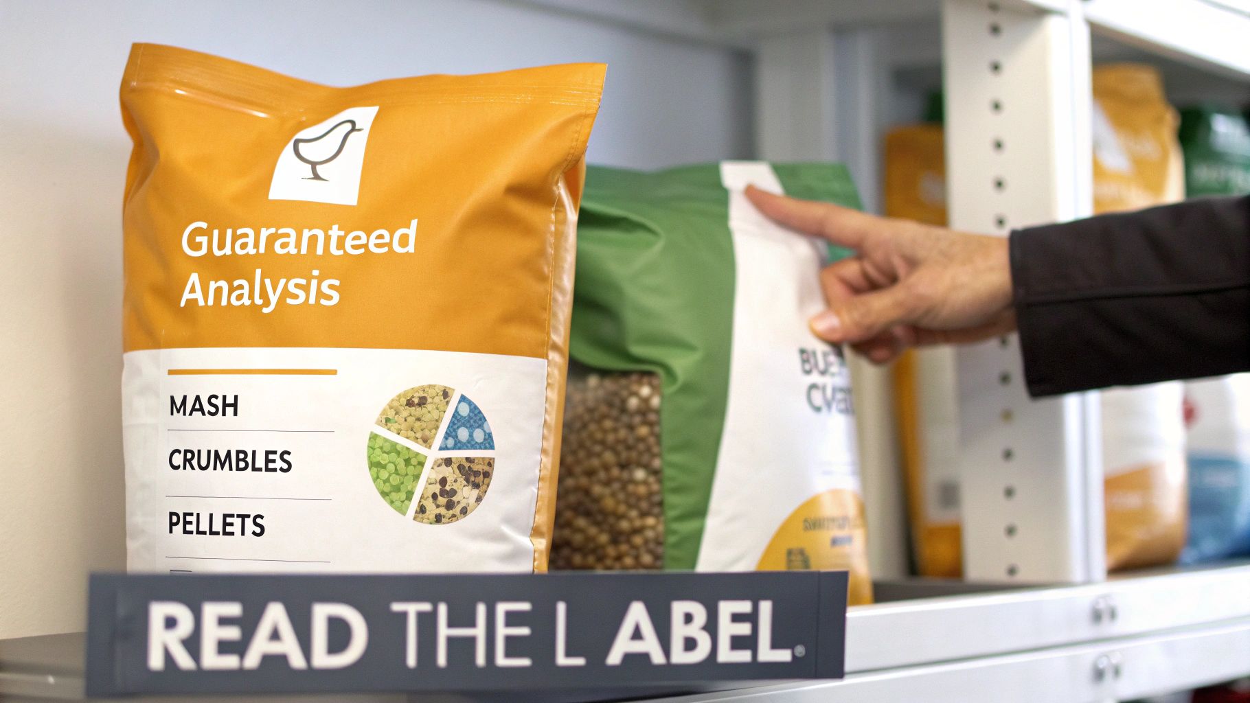 A hand points to bags of chicken feed on a shelf, one showing 'Guaranteed Analysis' for mash, crumbles, pellets.