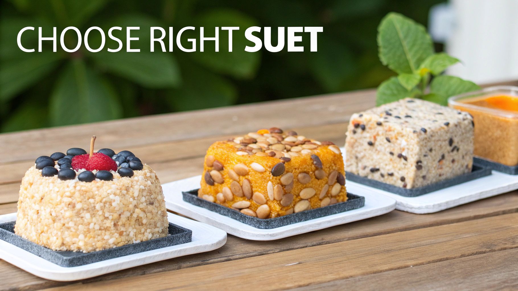Four decorative suet cakes for wild birds, topped with fruits, nuts, and seeds, on a wooden table.