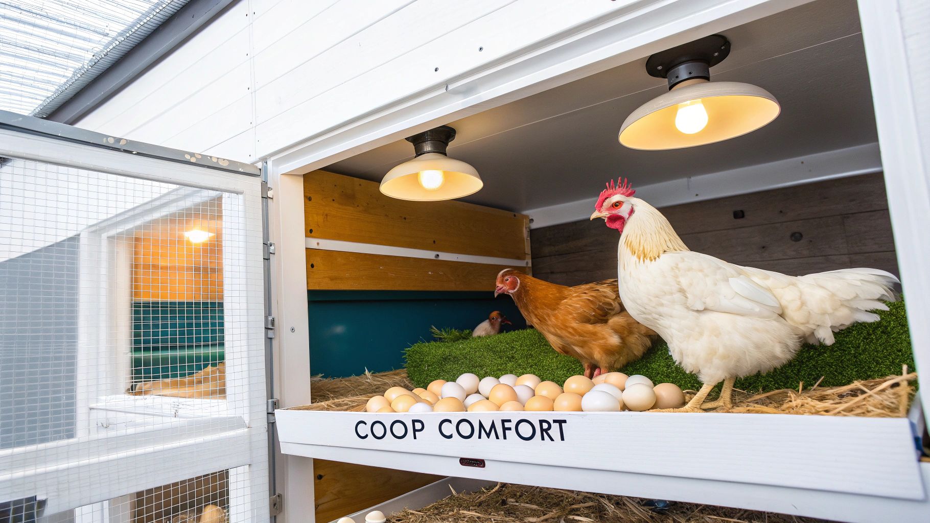 Inside a clean, comfortable chicken coop with several chickens and freshly laid eggs.