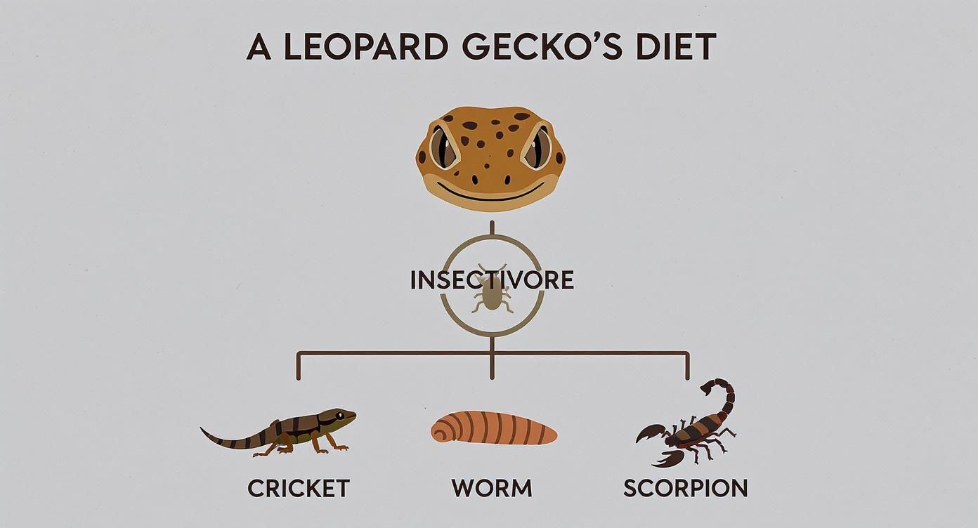 Diagram showing leopard gecko diet as insectivore eating crickets, worms, and scorpions