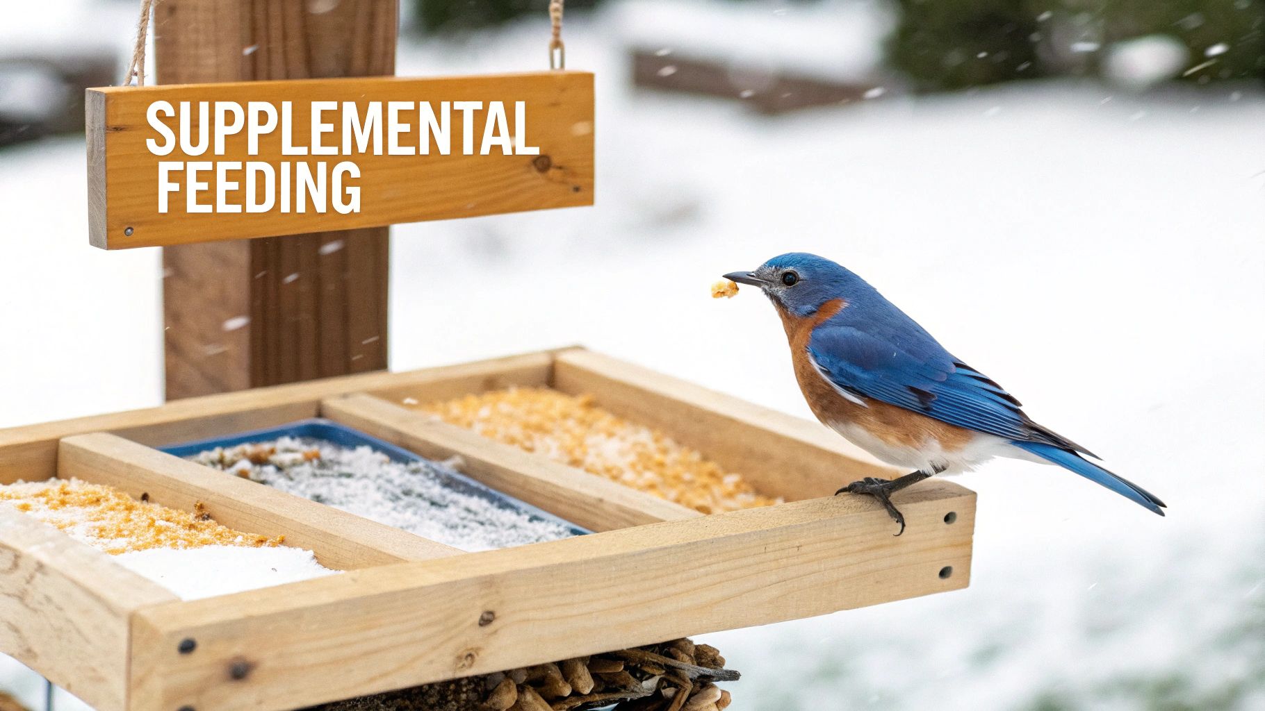 A bluebird with food in its beak perches on a bird feeder in a snowy winter scene. A sign says 'Supplemental Feeding'.