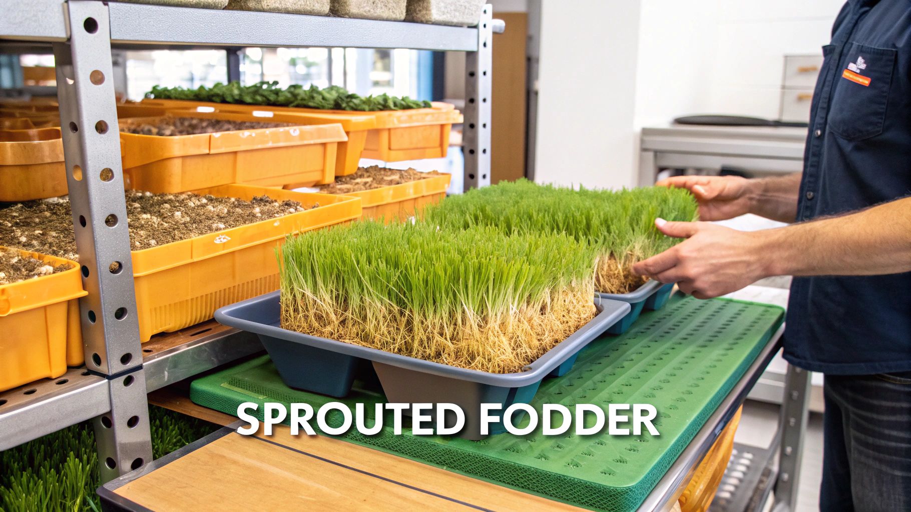 A person handles trays of vibrant green sprouted fodder on shelves in an indoor growing facility.