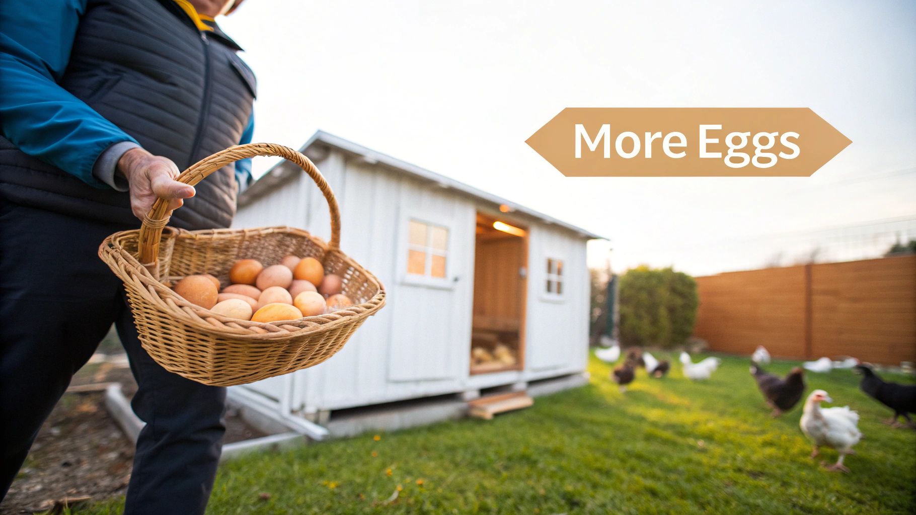 A person gathering fresh, brown eggs from a basket in a sunlit chicken coop.