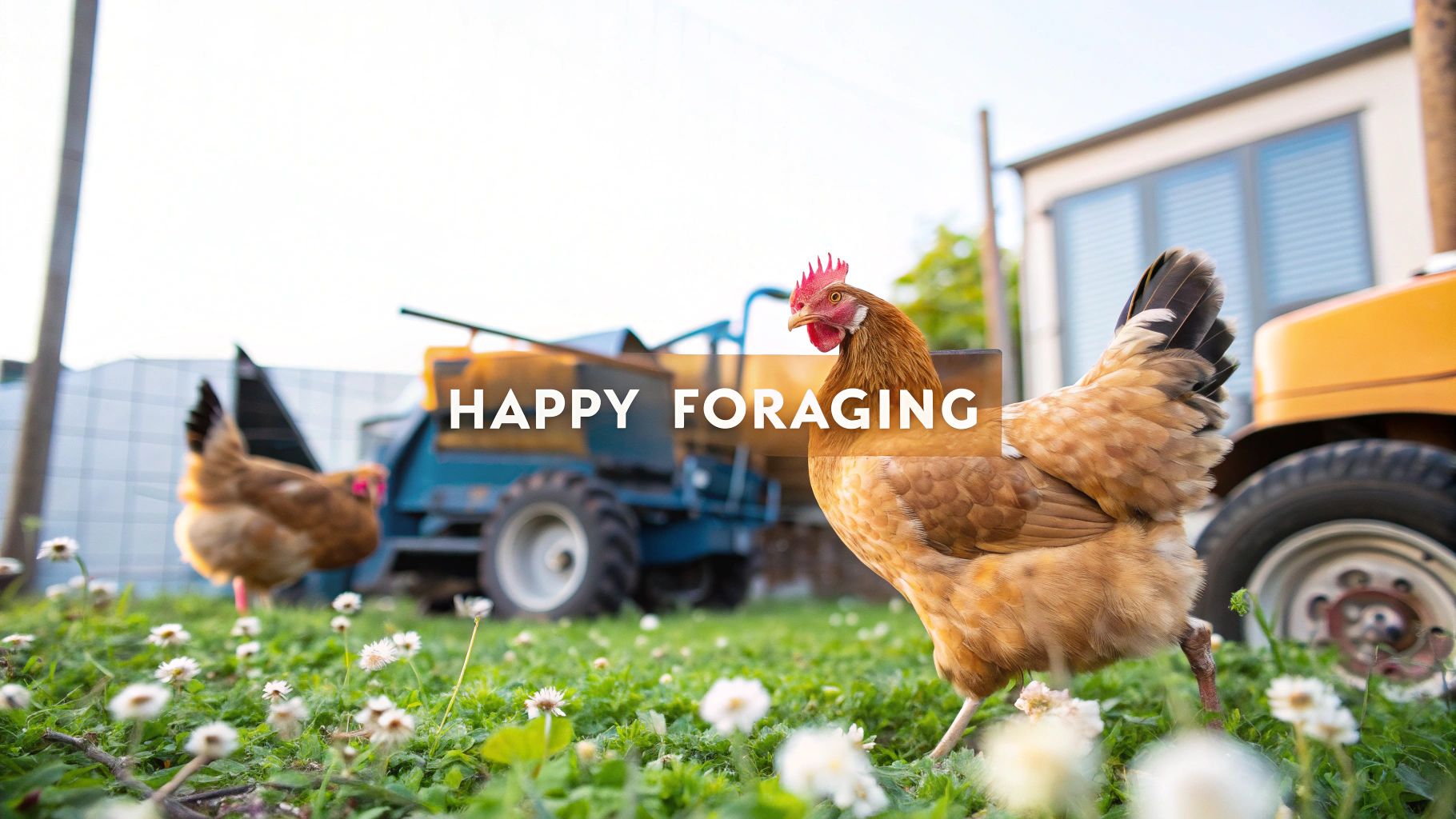 Two brown chickens happily forage in a green grassy field on a sunny farm day.