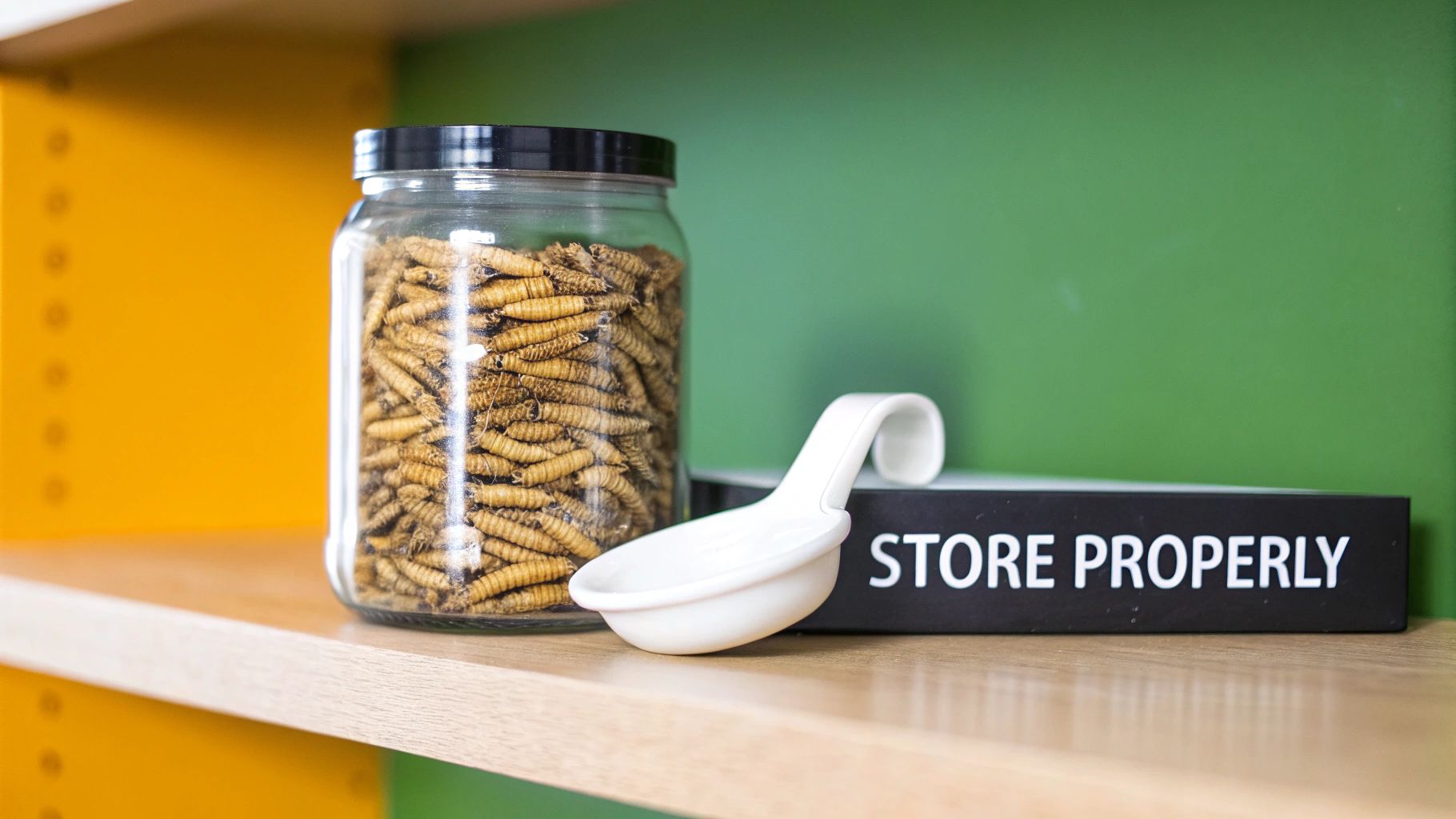 A glass jar full of dried larvae, a white spoon, and a 'STORE PROPERLY' box on a wooden shelf.