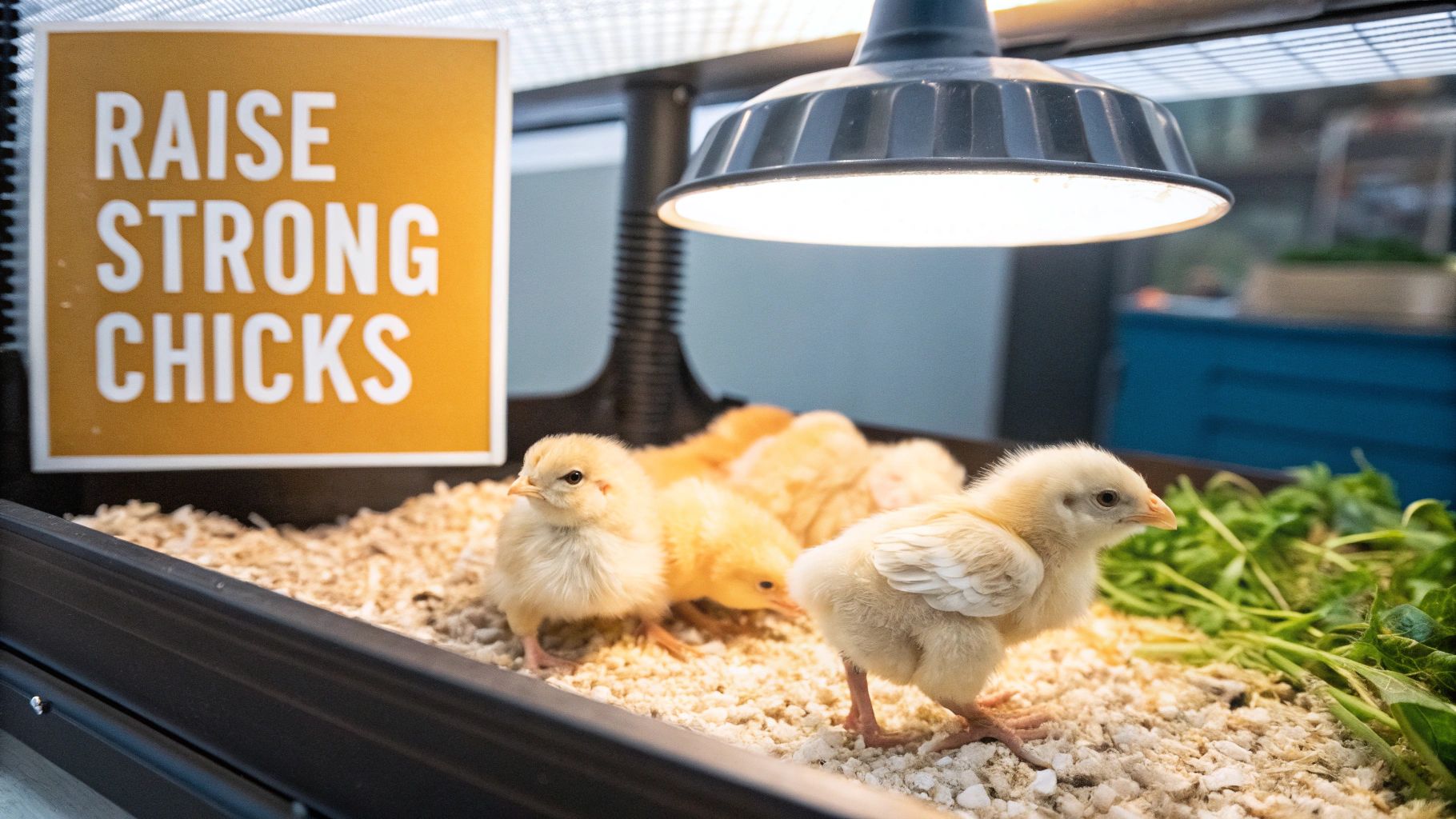 A close-up shot of several fluffy, yellow baby chicks in a brooder with a red heat lamp in the background
