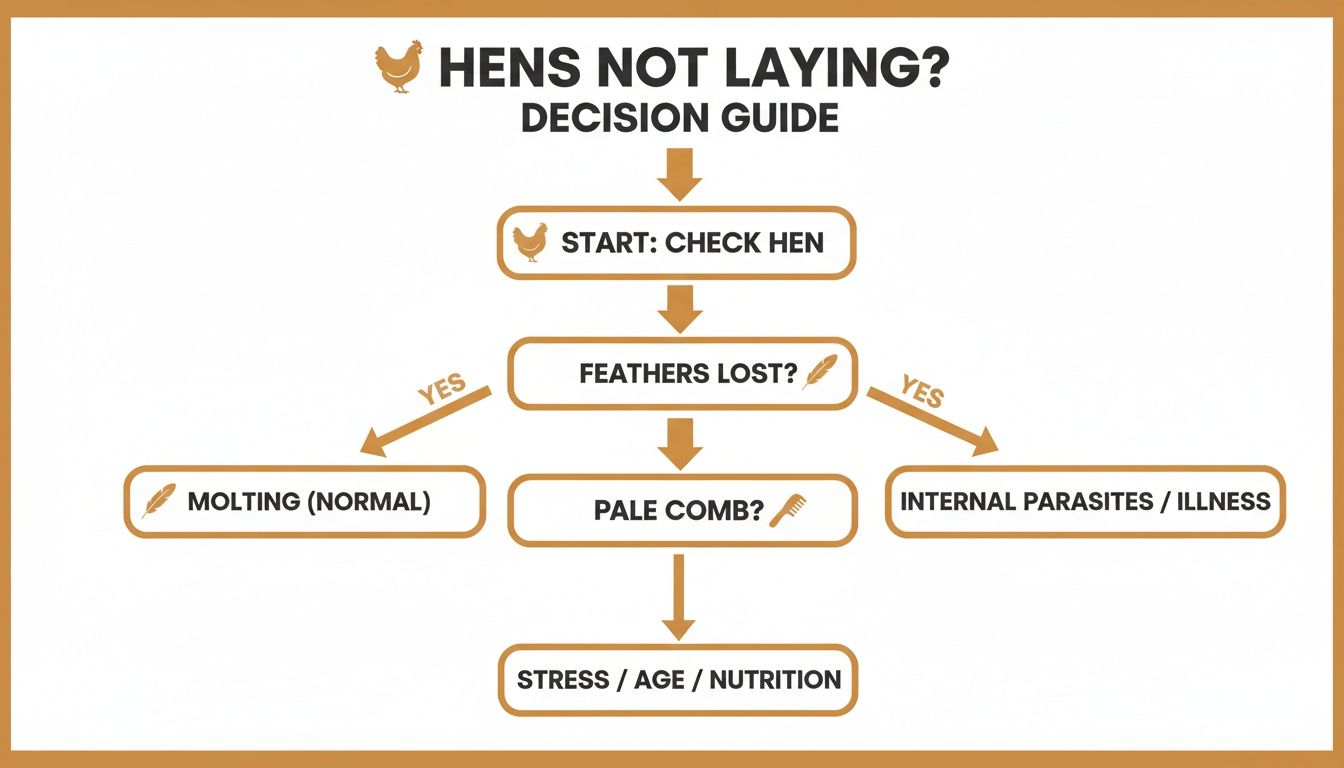 A decision guide flowchart for hens not laying eggs, outlining possible causes like molting, parasites, and stress.