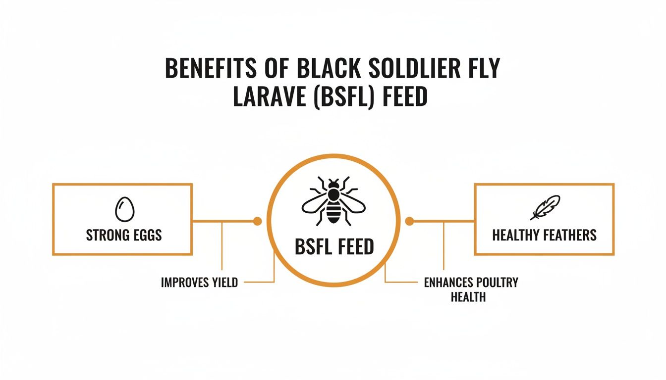 Diagram showing Black Soldier Fly Larvae feed benefits: strong eggs (improves yield) and healthy feathers (enhances poultry health).