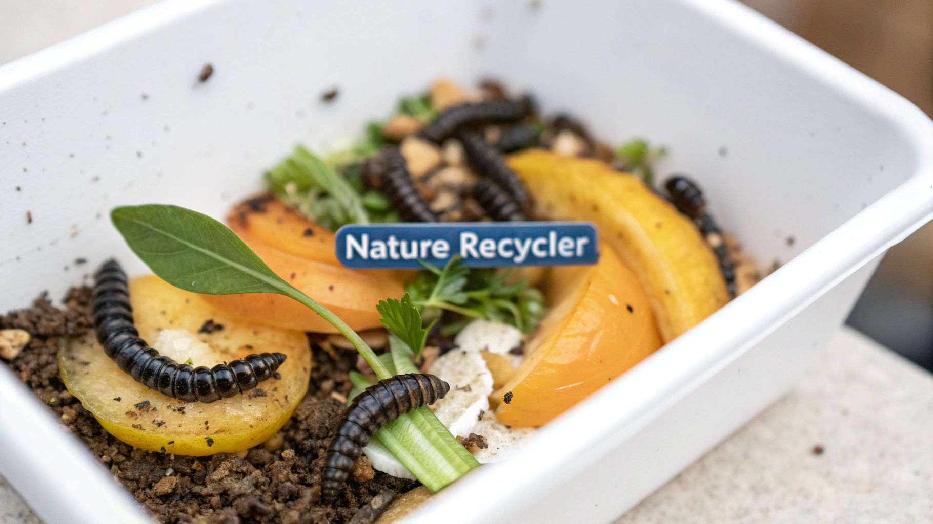 Black soldier fly larvae consuming food waste, including fruit and vegetables, in a white compost bin.