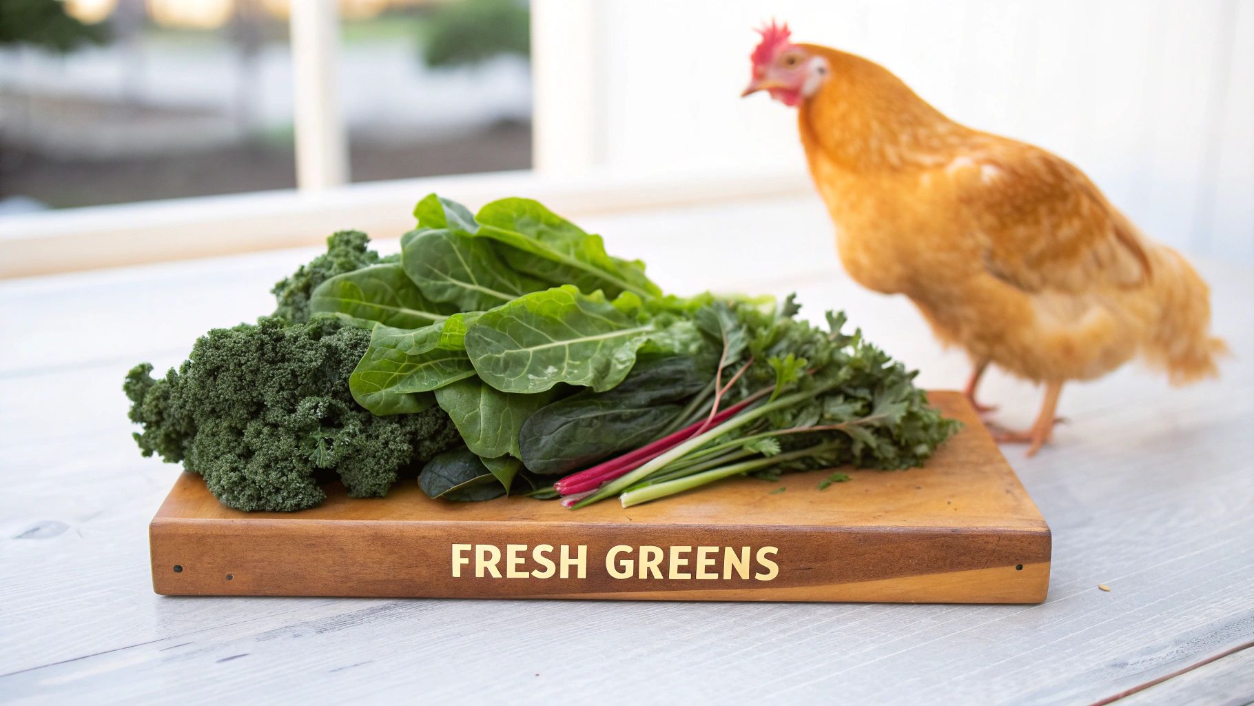 A chicken eating grains scattered on the ground
