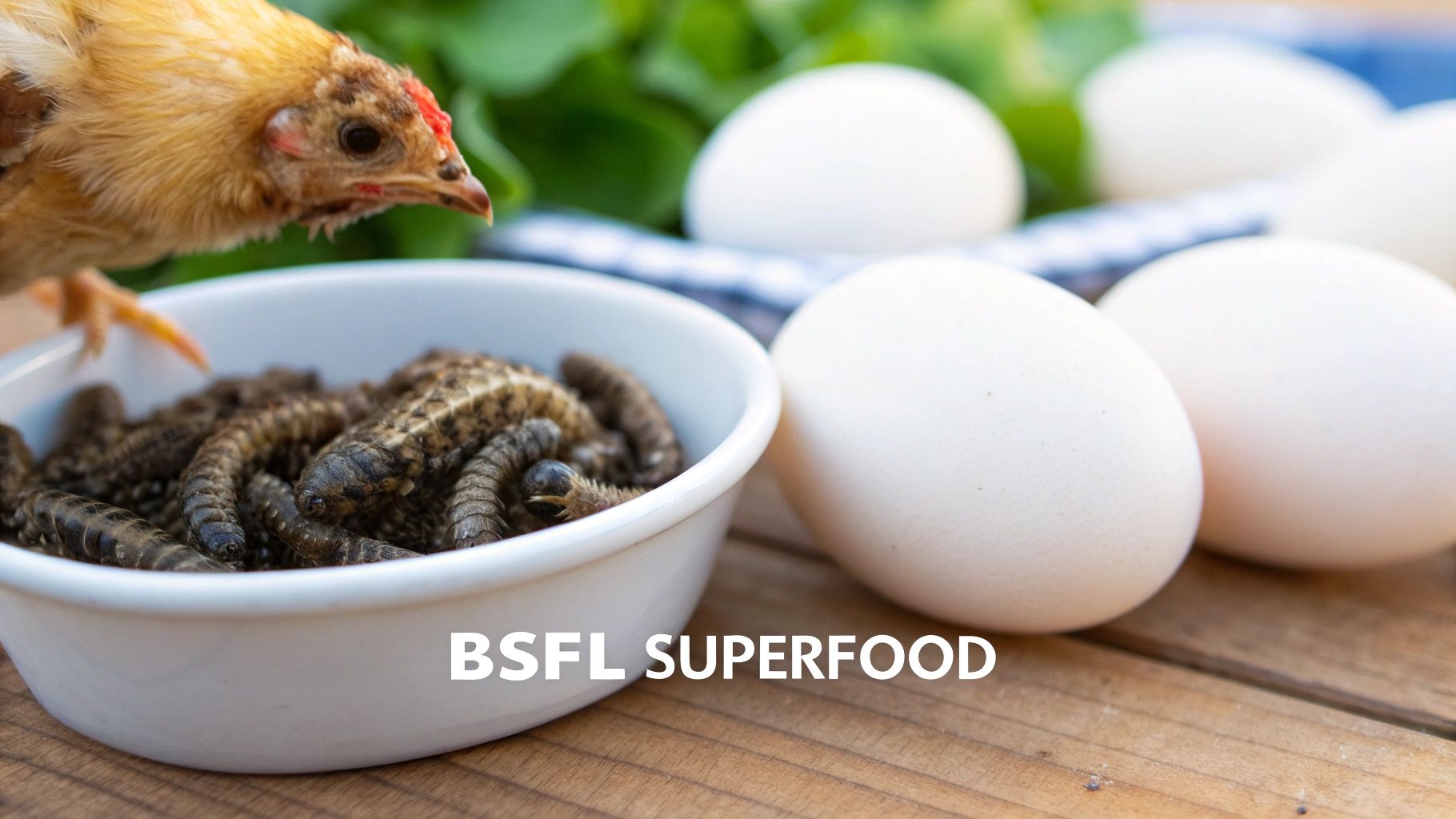 A small chick curiously looks at a bowl of black soldier fly larvae, with fresh eggs nearby.