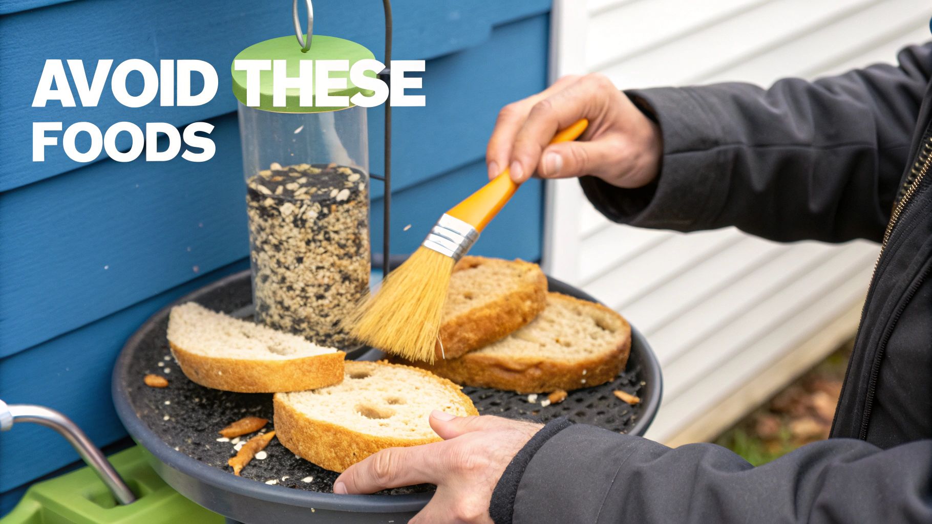 A person places bread slices onto a bird feeder tray, with a seed tube in the background.