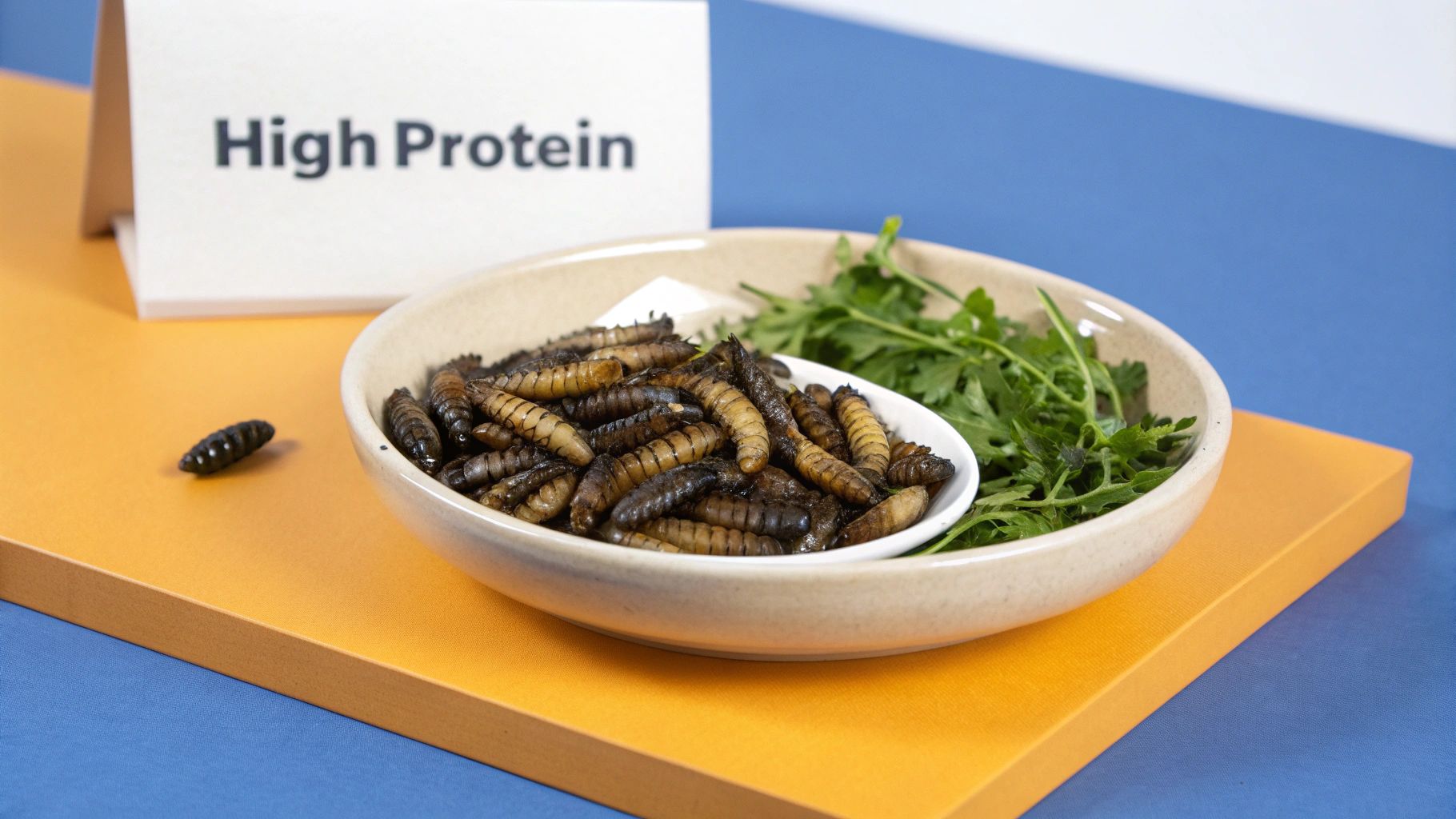 A bowl of black soldier fly larvae next to green herbs and a 'High Protein' sign.