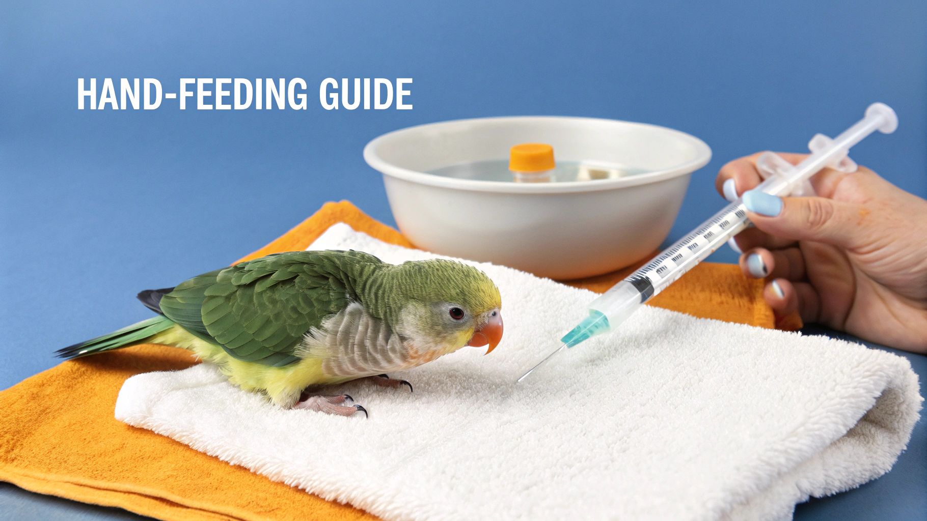 A small green bird being hand-fed with a syringe, illustrating a hand-feeding guide.