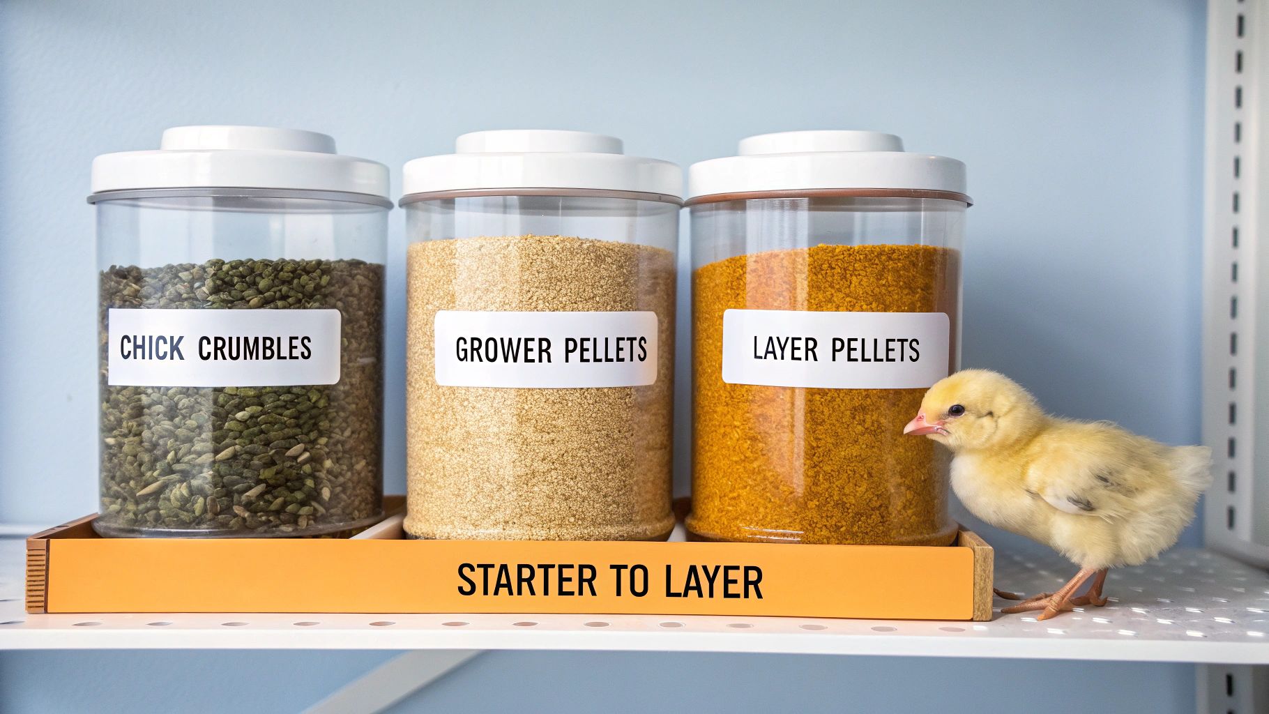 Three clear containers labeled 'Chick Crumbles', 'Grower Pellets', and 'Layer Pellets' for chicken feed stages, with a small yellow chick.