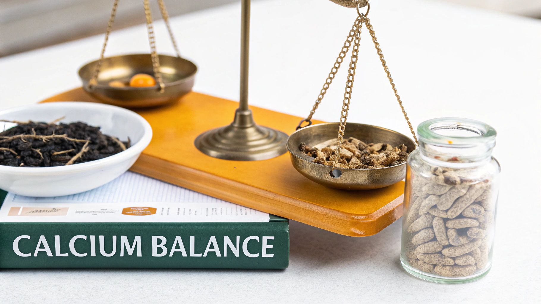 Traditional balance scale, a book on "CALCIUM BALANCE", and various herbal remedies.