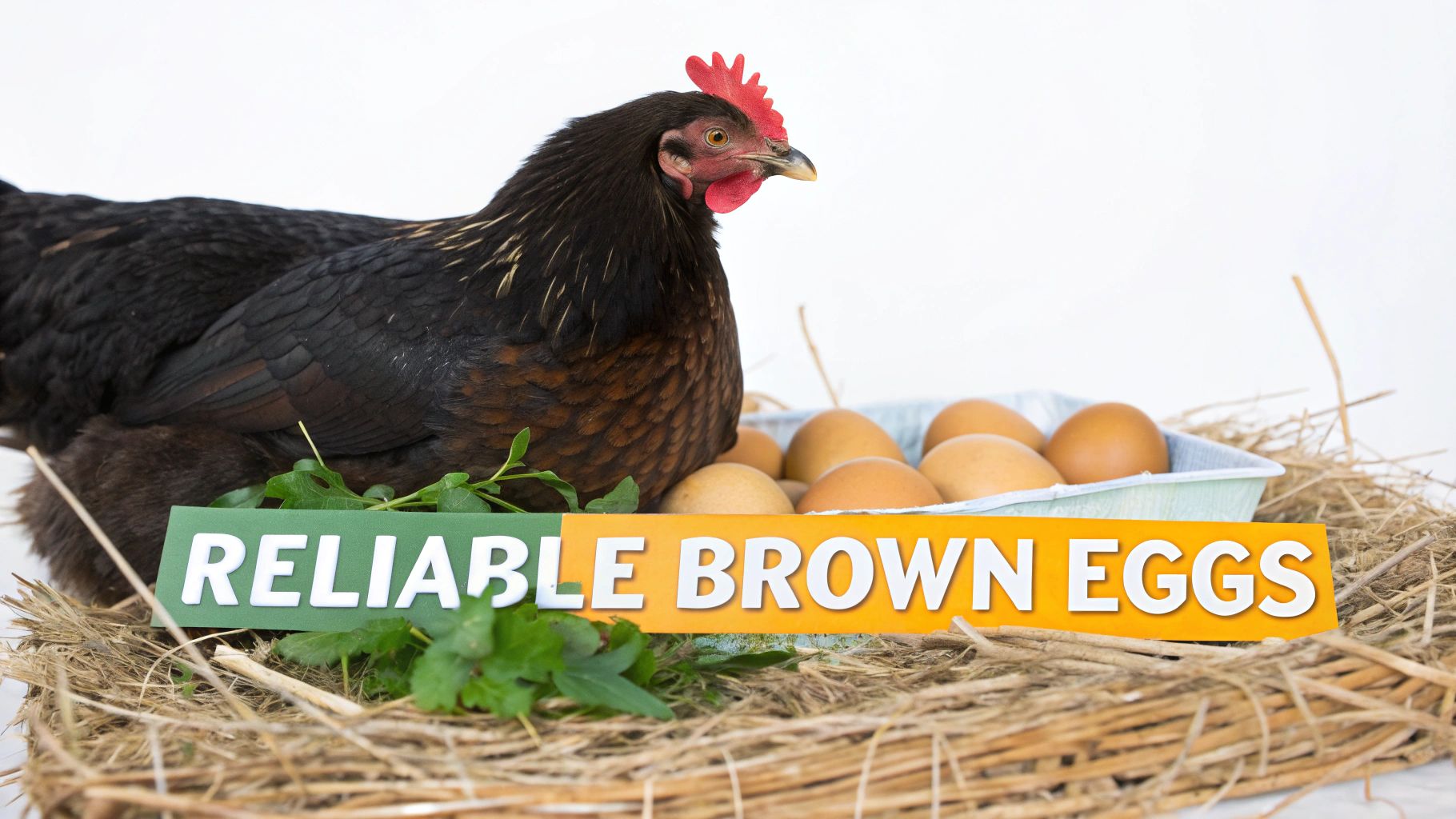 A black chicken sits beside a carton of brown eggs on a hay nest with a 'Reliable Brown Eggs' sign.
