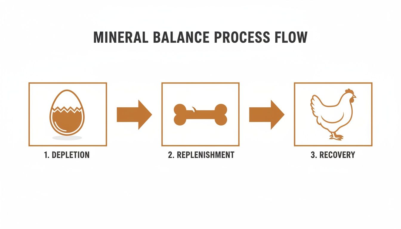 Diagram illustrating the mineral balance process for chickens, showing depletion (broken egg), replenishment (bone), and recovery (hen).