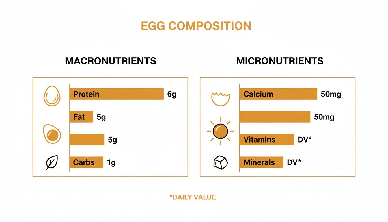 Infographic detailing egg composition, including 6g protein, 5g fat, 1g carbs, 50mg calcium, vitamins, and minerals.