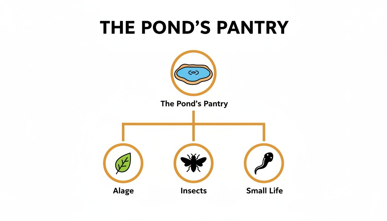A diagram illustrating 'The Pond's Pantry' with food sources: algae, insects, and small life.