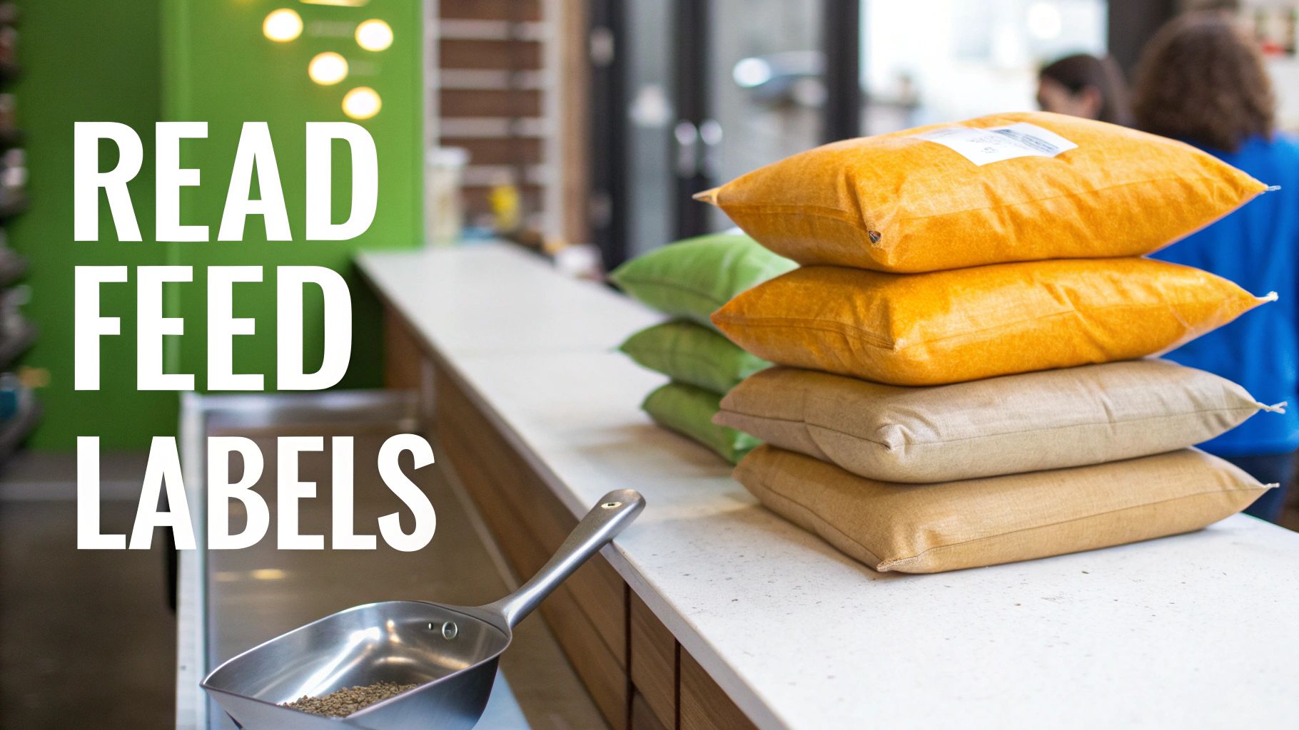 Bags of commercial chicken feed stacked in a store aisle.